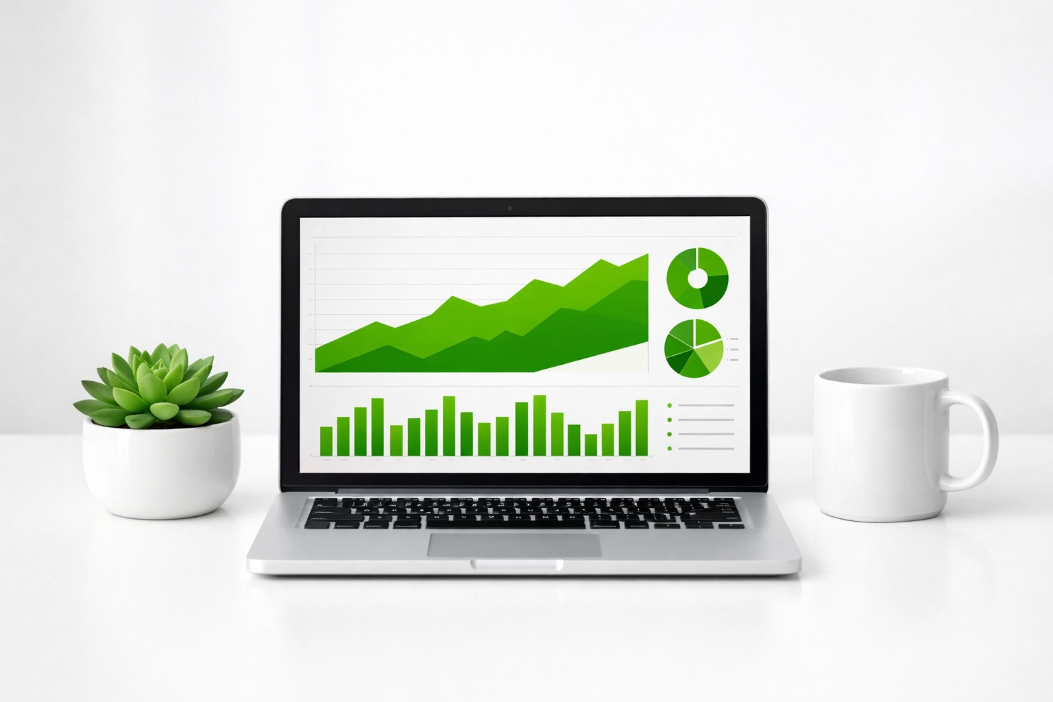 Laptop displaying Search Engine Optimization data charts on a clean professional desk.