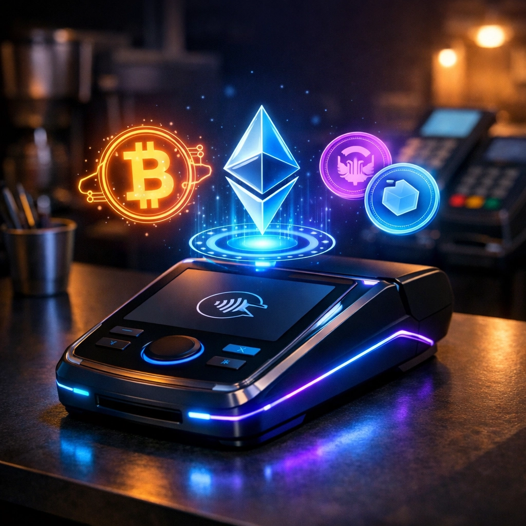 Web3 payment terminal with cryptocurrency symbols replacing traditional credit card machines