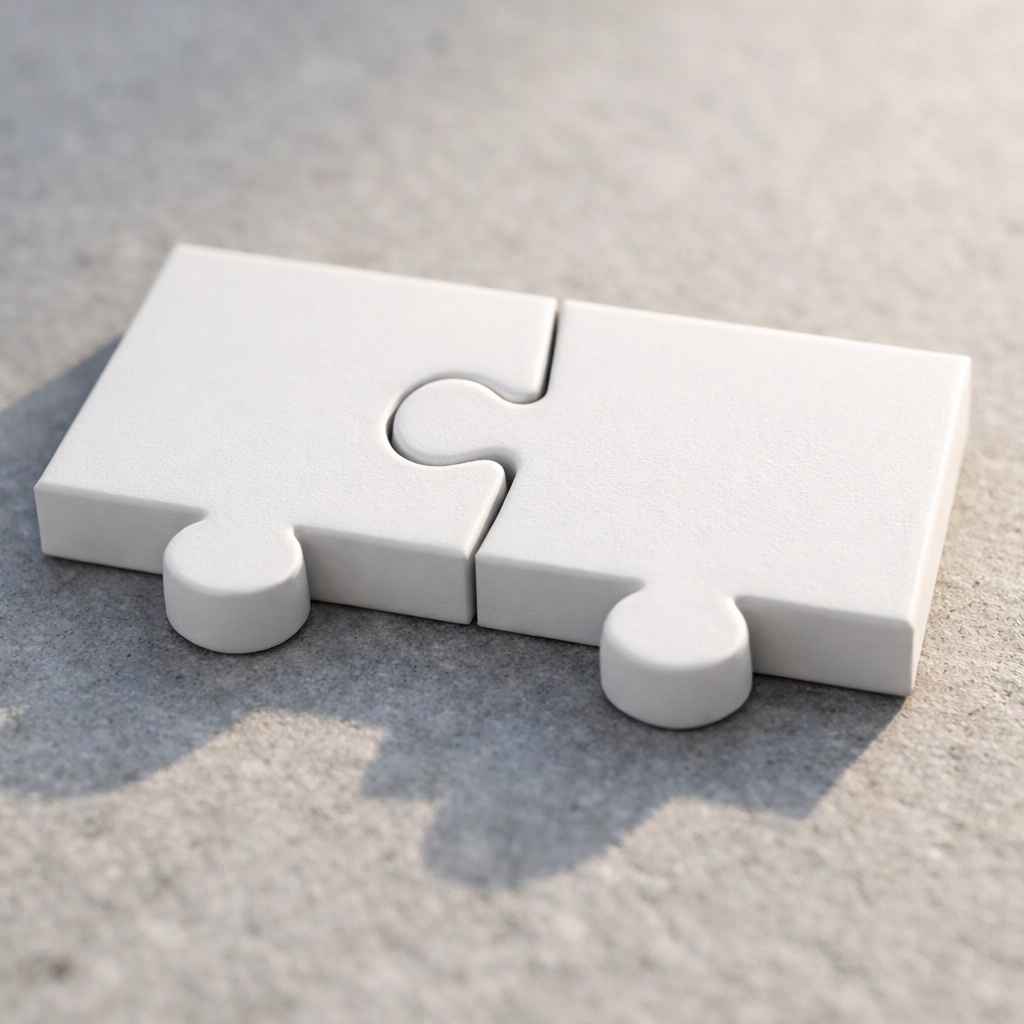 Two puzzle pieces fitting together representing seamless QuickBooks AI bank feed matching.