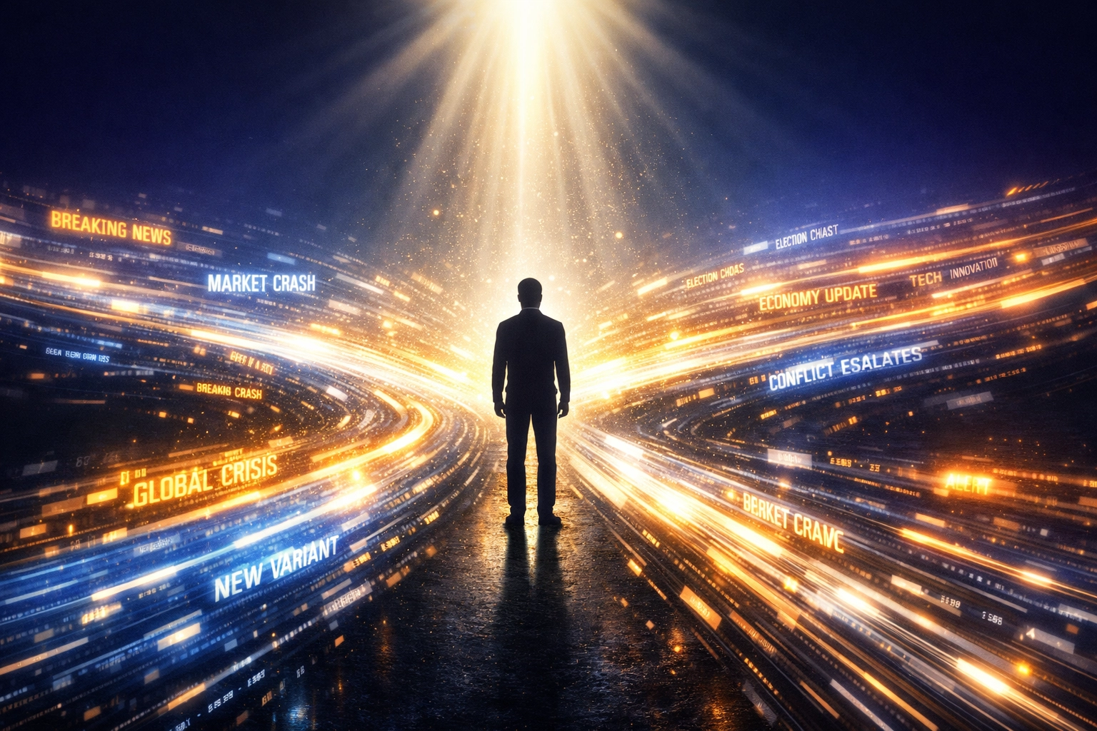 Person finding peace amid overwhelming flow of news headlines and digital information