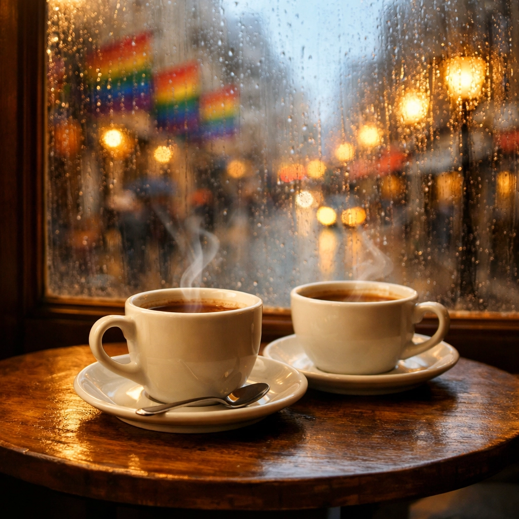 Two coffee cups at Buenos Aires café window, MM romance between priest and local man
