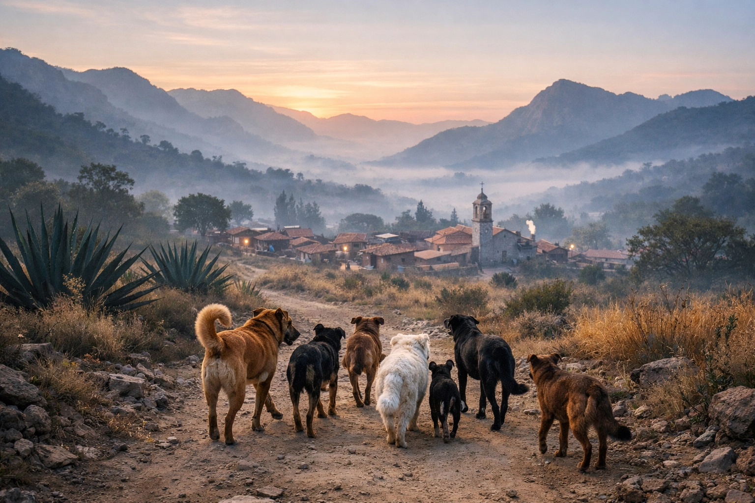 Group of healthy dogs in rural Mexico reflecting the success of global outreach veterinary services.