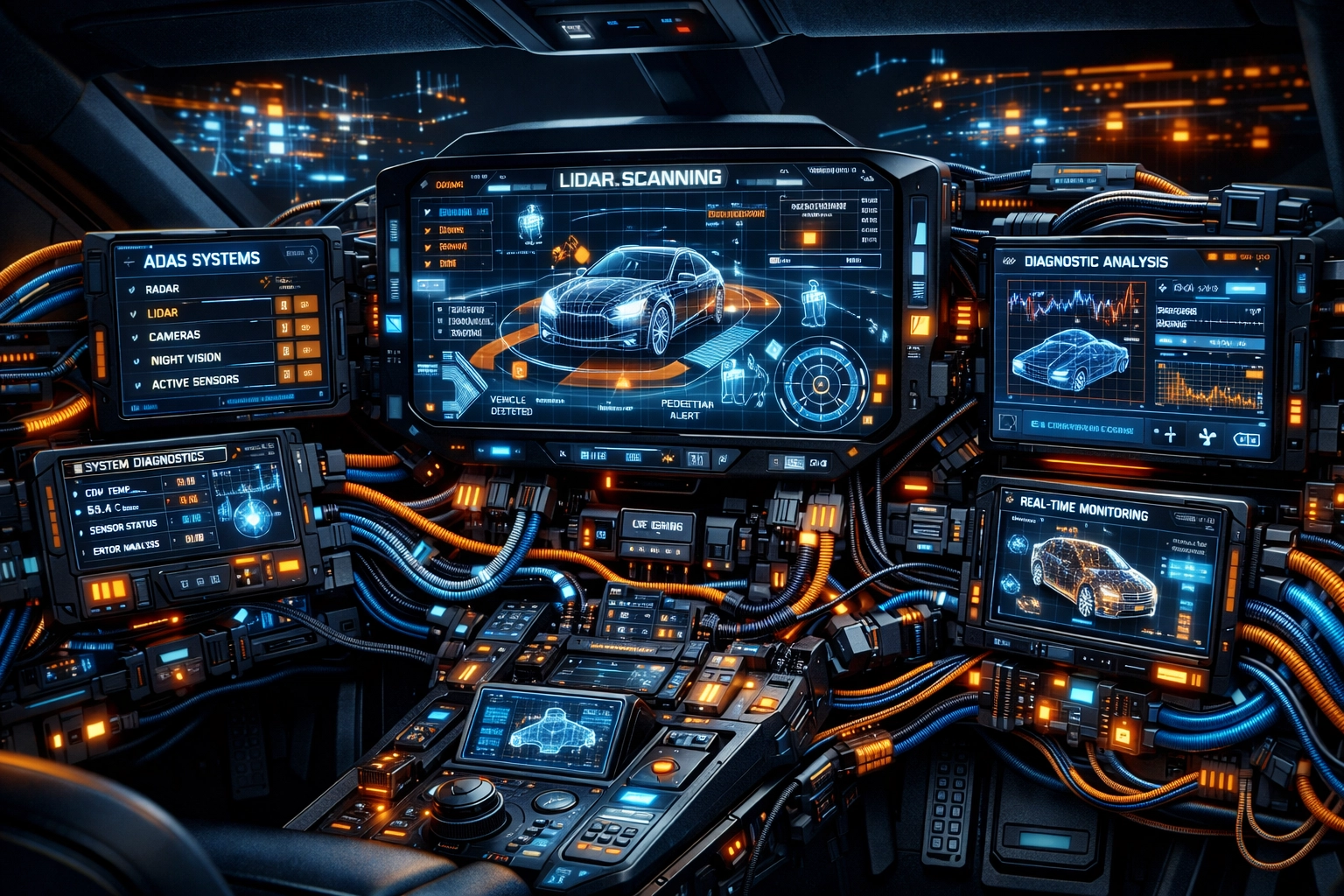 Modern vehicle dashboard displaying advanced ADAS sensors and diagnostic technology