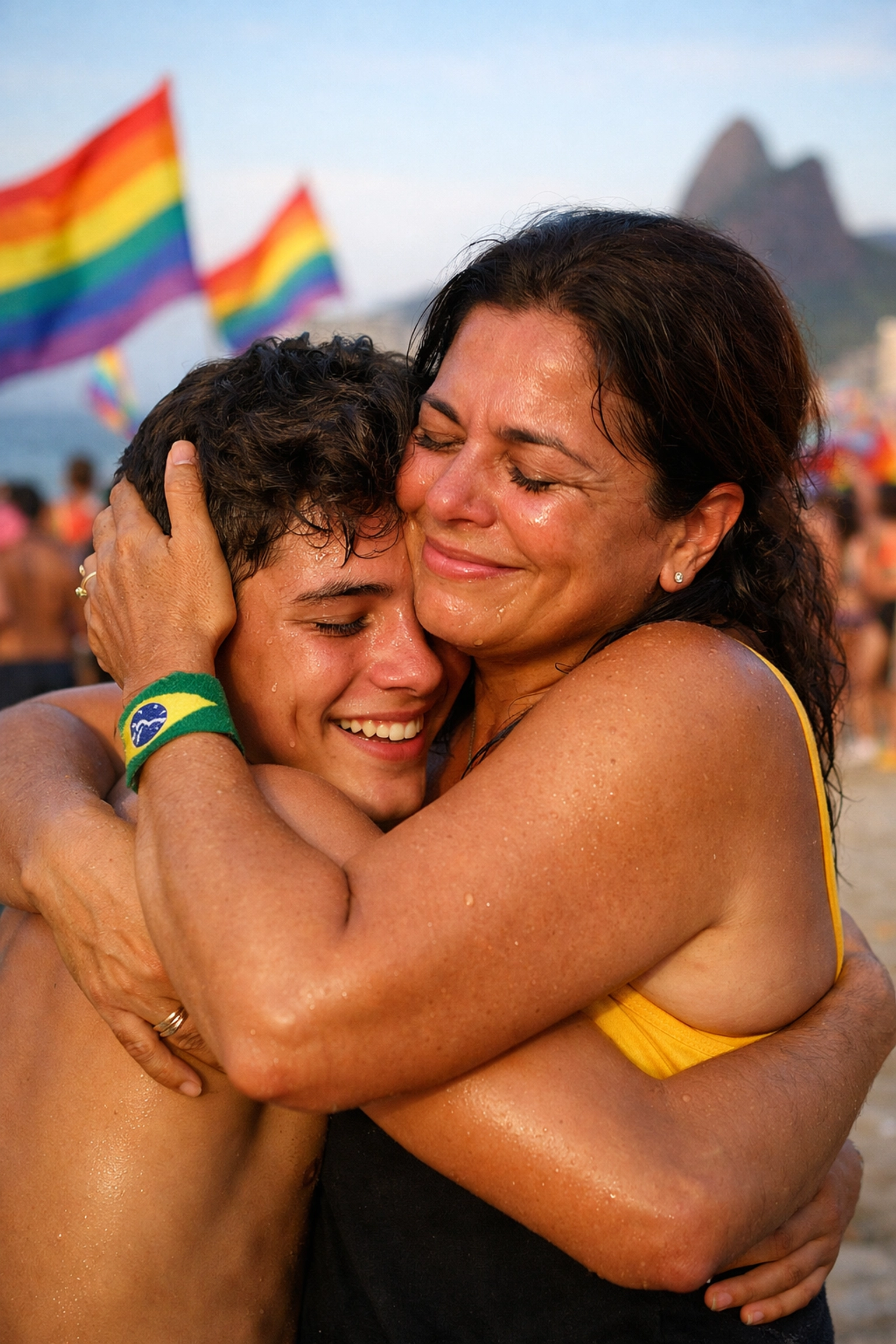 Mother embracing her gay son after coming out at Rio Pride celebration