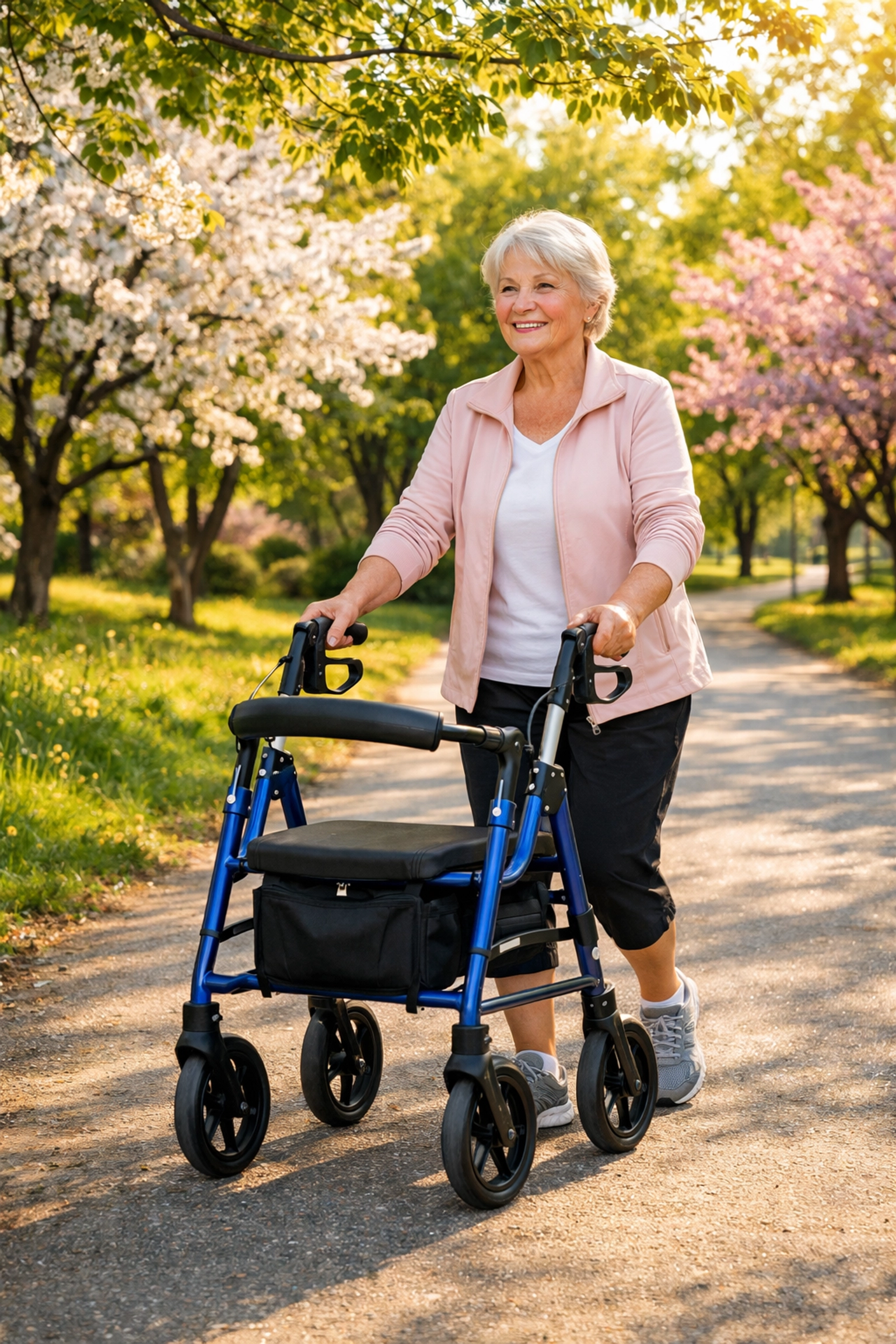 An active senior woman walking confidently with a blue rollator walker on a sunny park path.