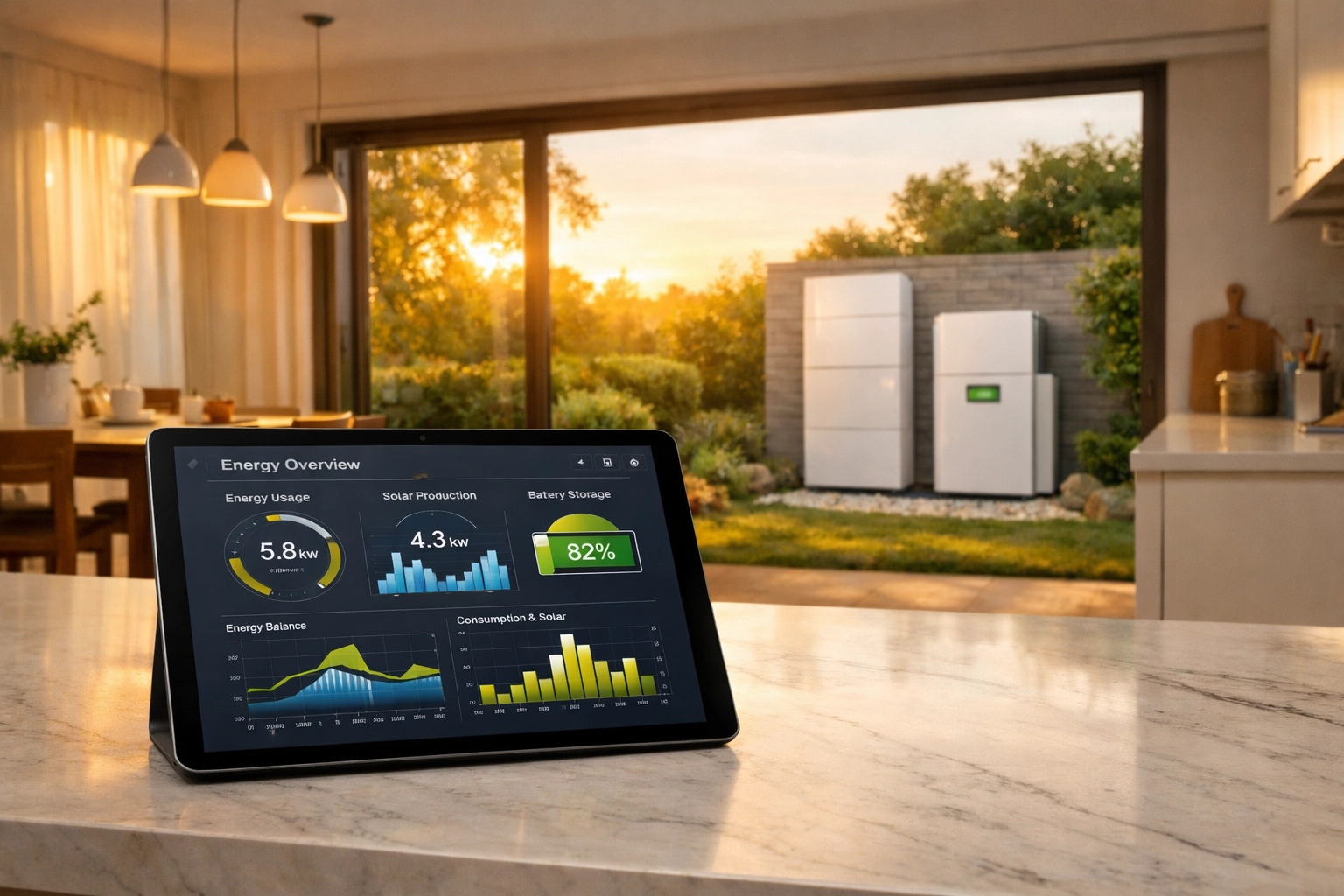 Smart home energy monitoring app on a tablet showing solar battery performance and grid usage data.