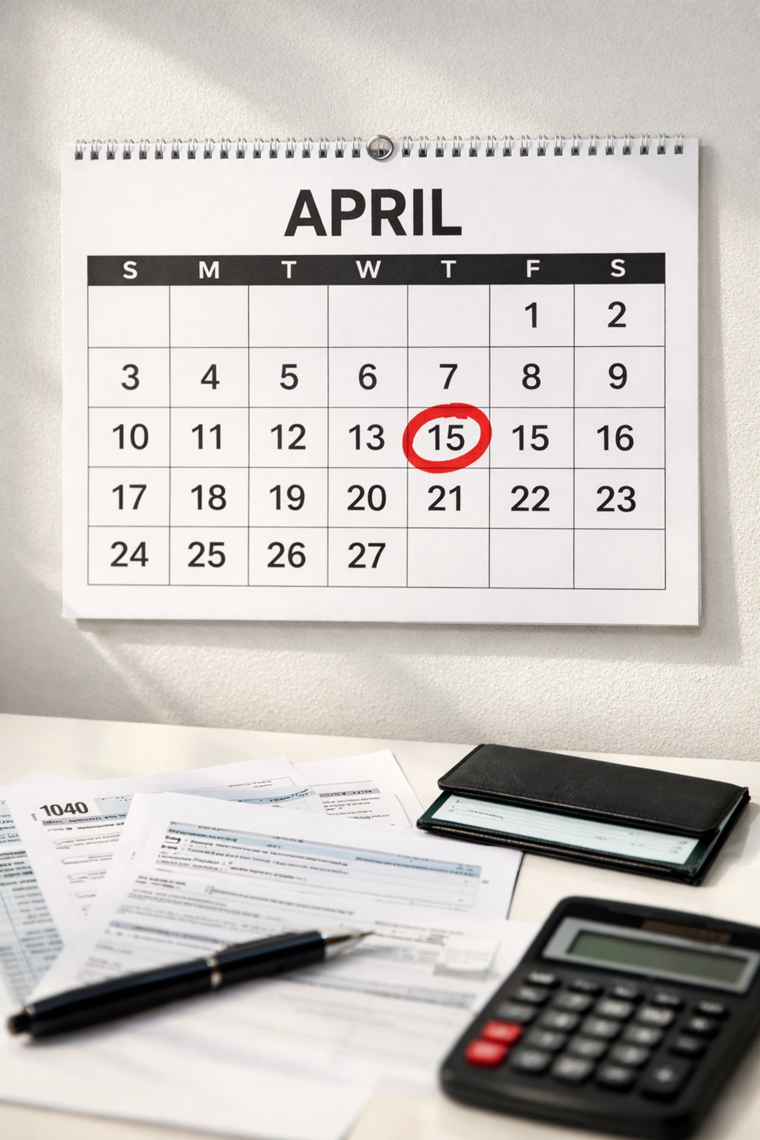 April 15 tax filing deadline circled on calendar with tax documents and calculator