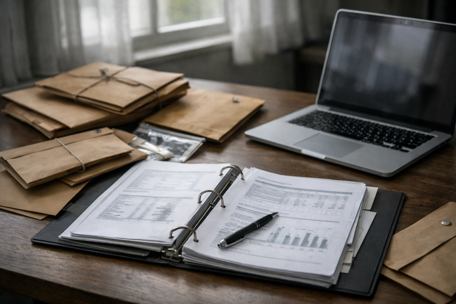 Professional investigative report and evidence folders on a clean desk (no text or logos)