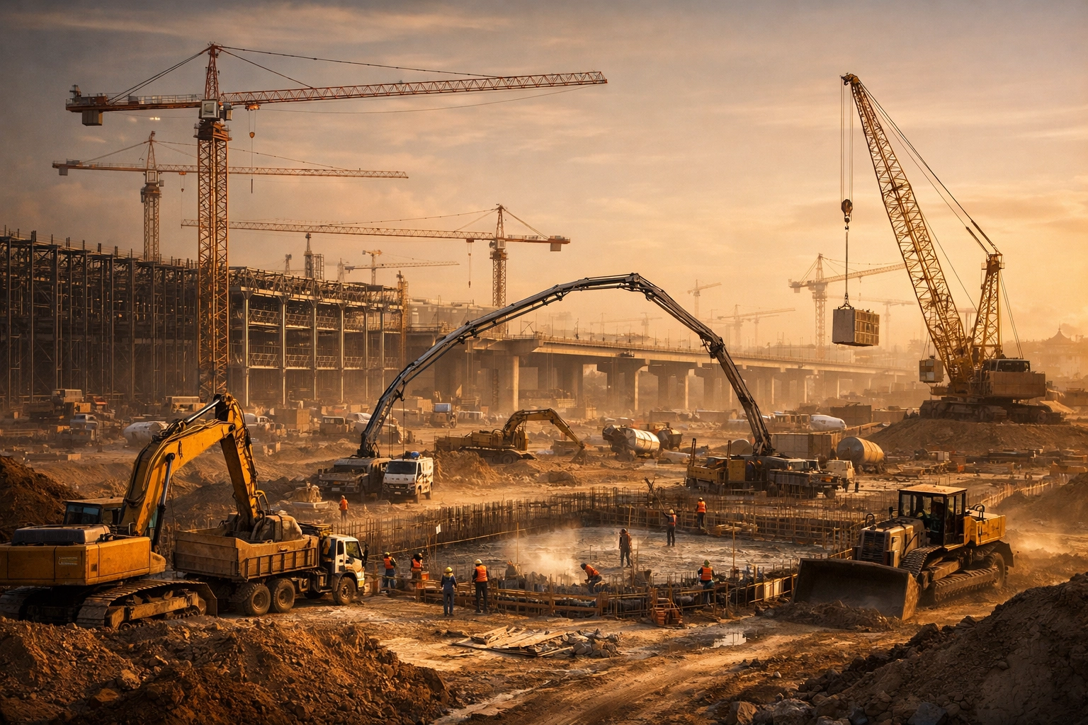 Cinematic construction megaproject with massive heavy machinery and infrastructure build-out