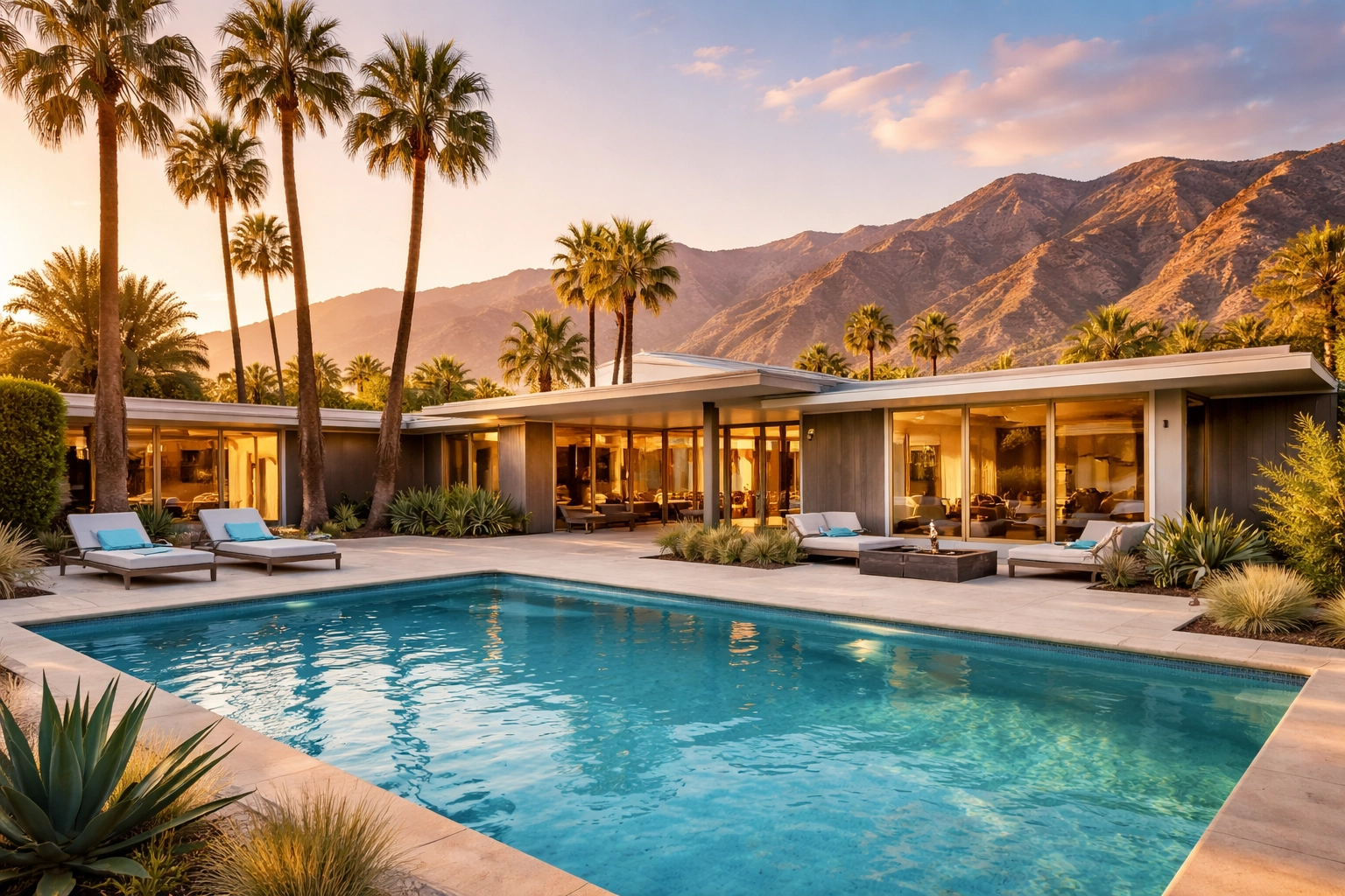Professional photo of a luxury Palm Springs home with pool, palm trees, and mountain views at sunset.