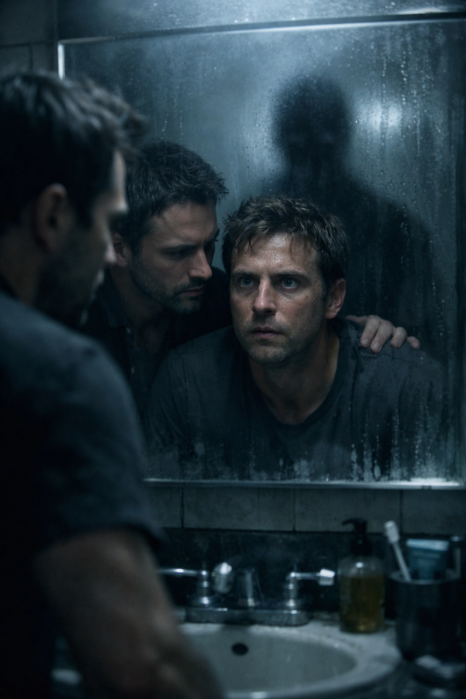Gay psychological thriller scene: man confronts killer reflection in mirror while partner comforts him