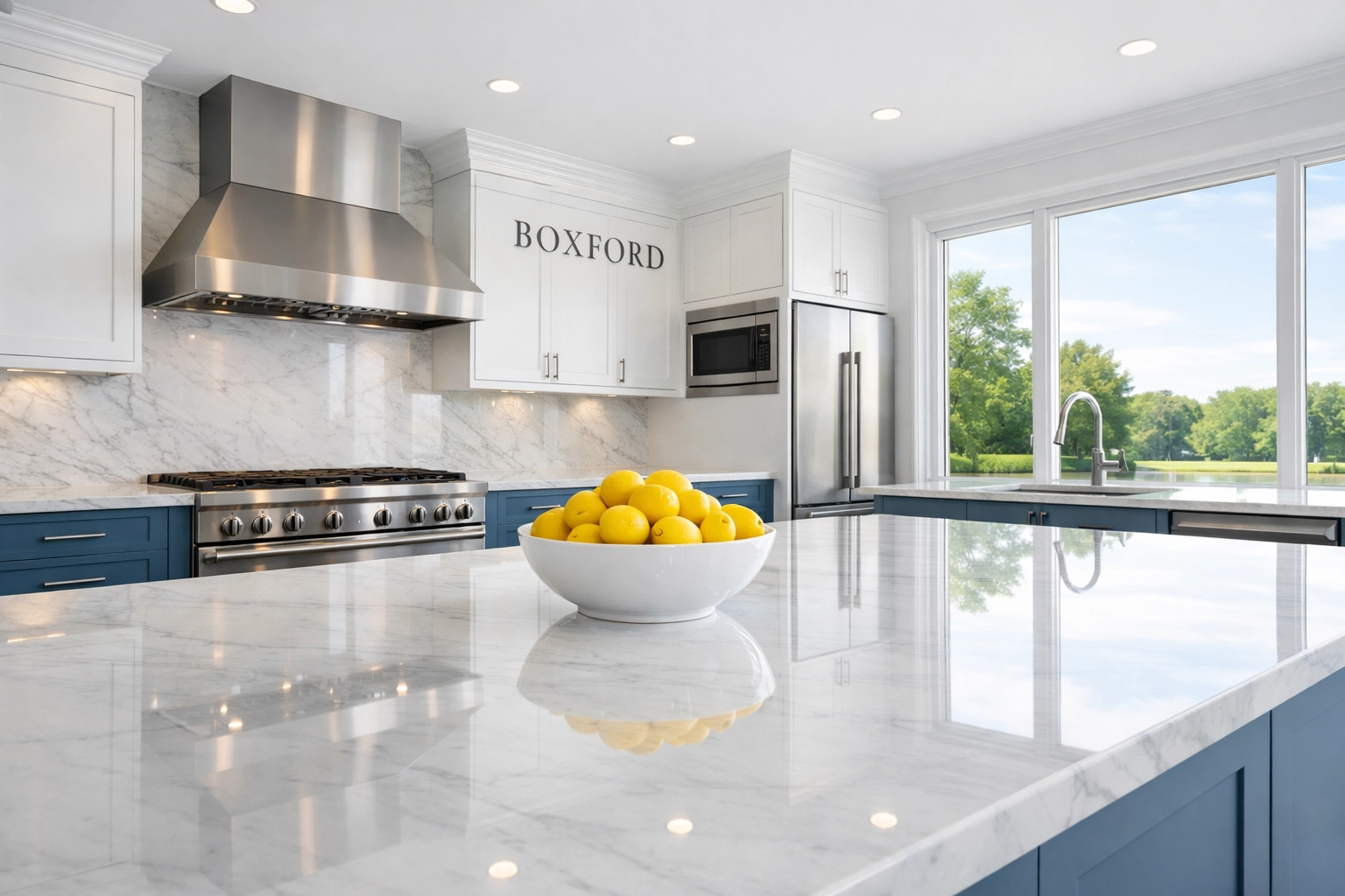 Spotless luxury kitchen in Boxford with polished marble countertops and clean appliances.
