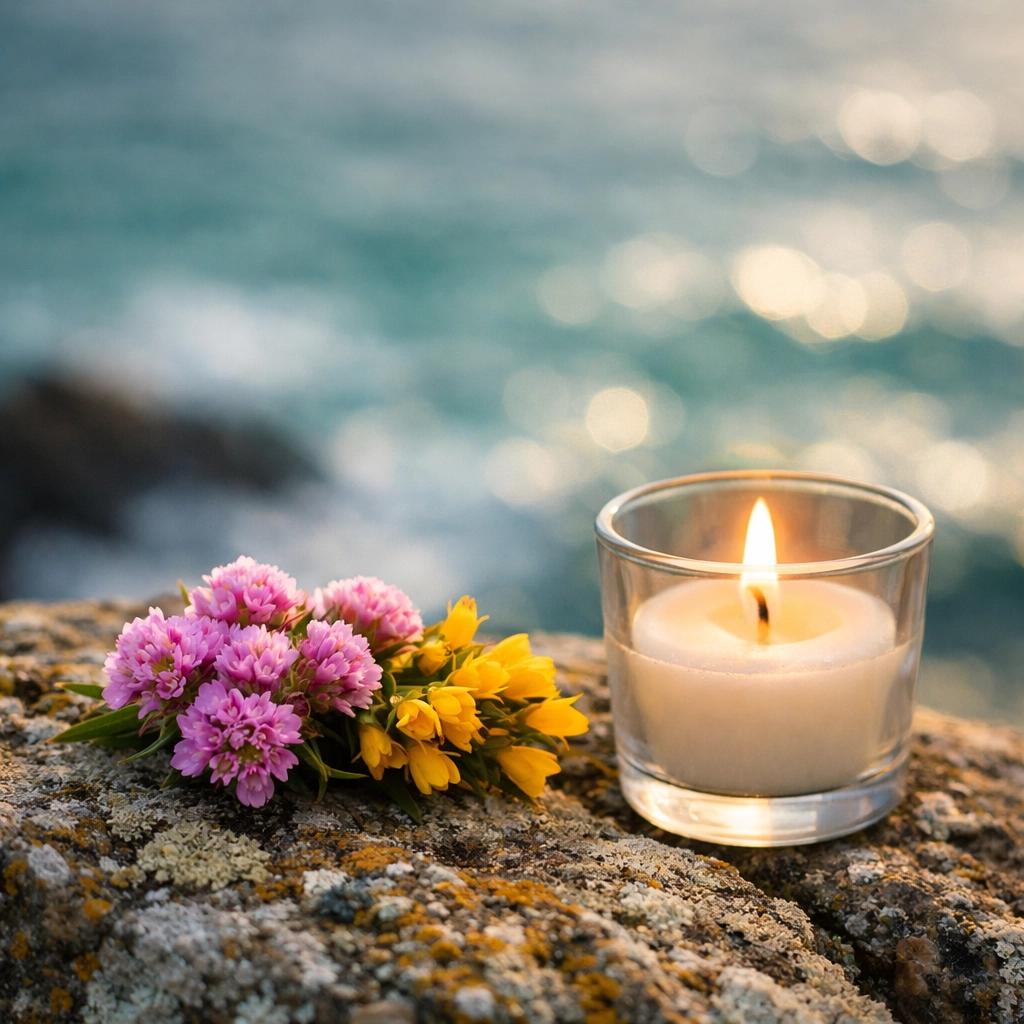 Memorial flowers and a candle on the Cornwall coast for a peaceful scattering ashes reflection.