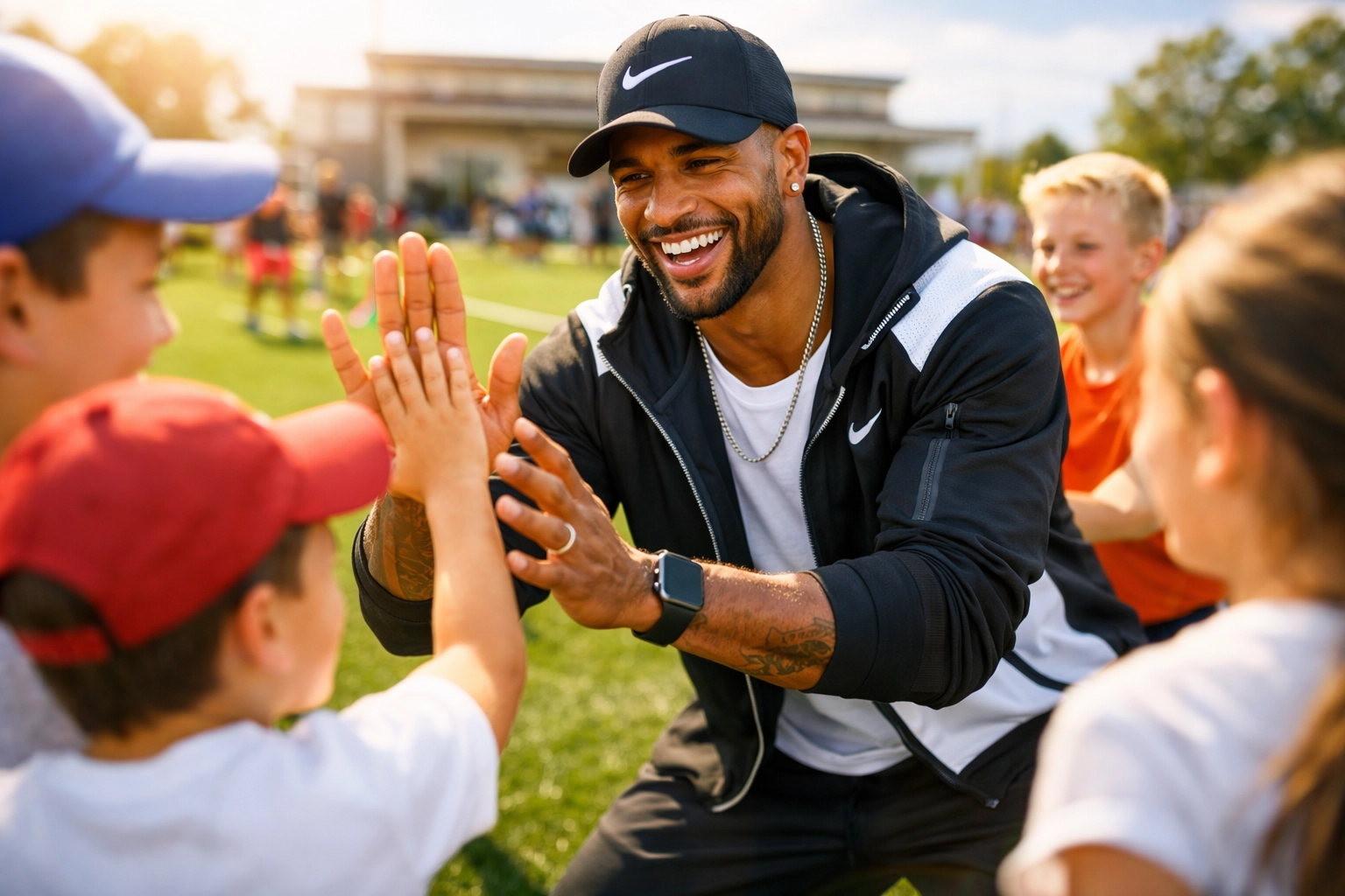 Empowered professional athlete interacting with youth at a sports clinic to build community and a positive image.