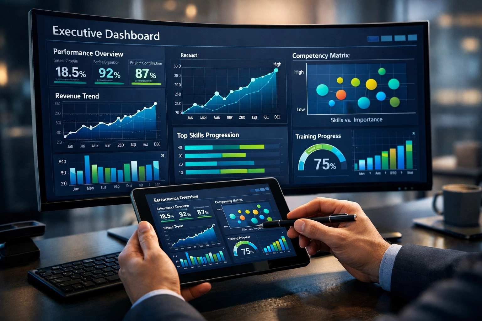 Executive dashboard displaying student skill metrics and performance data