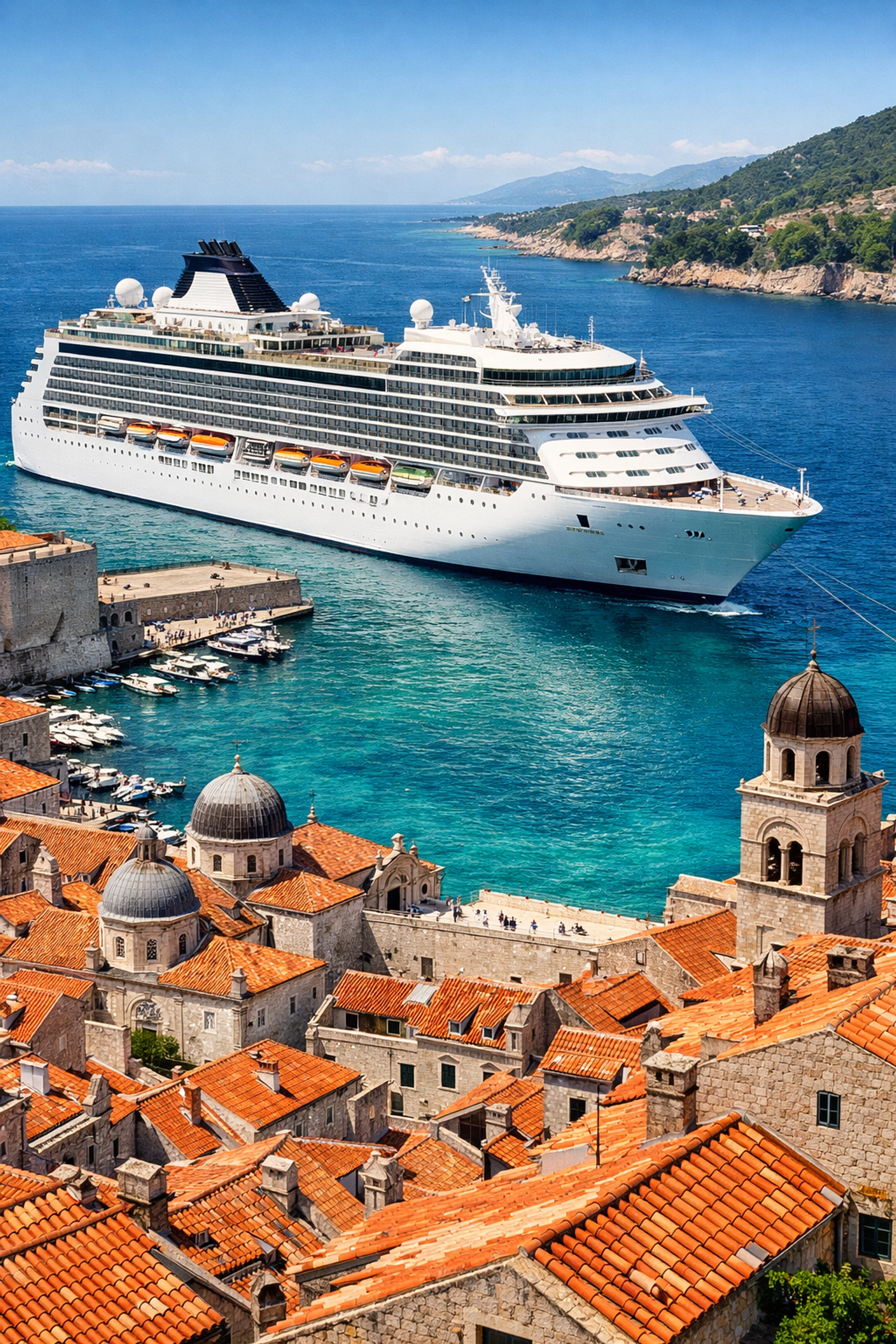 Luxury cruise ship in the port of Dubrovnik, Croatia, for a Mediterranean adventure.