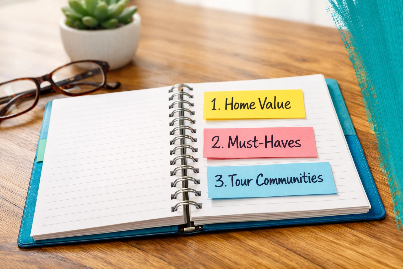 Open planner showing downsizing steps: home value, must-haves, tour communities