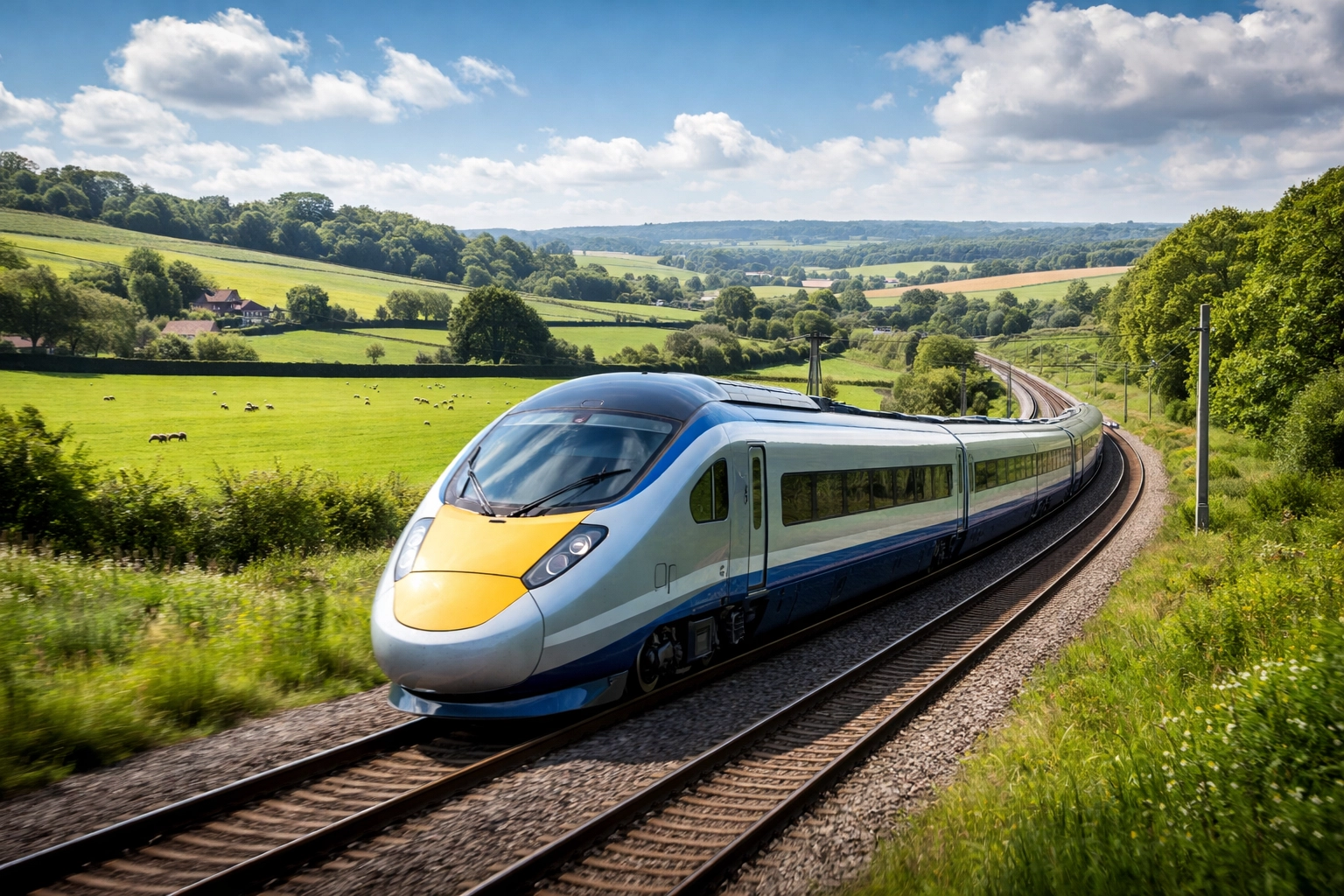 High-speed train traveling through Kent countryside, illustrating strong transport links for property investors