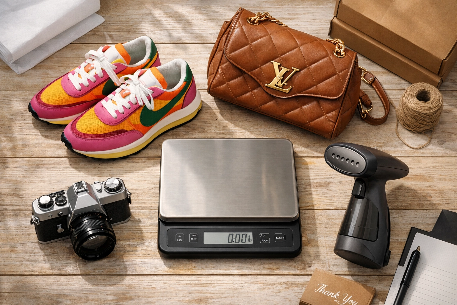 Professional reseller workspace with designer sneakers, shipping scale, and high-margin thrift store finds.