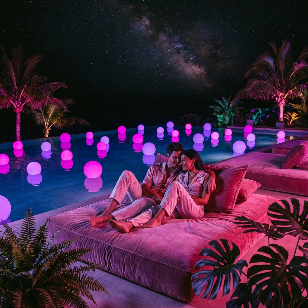 Couple relaxing by a glowing infinity pool at night, illustrating intimate quality time while traveling together