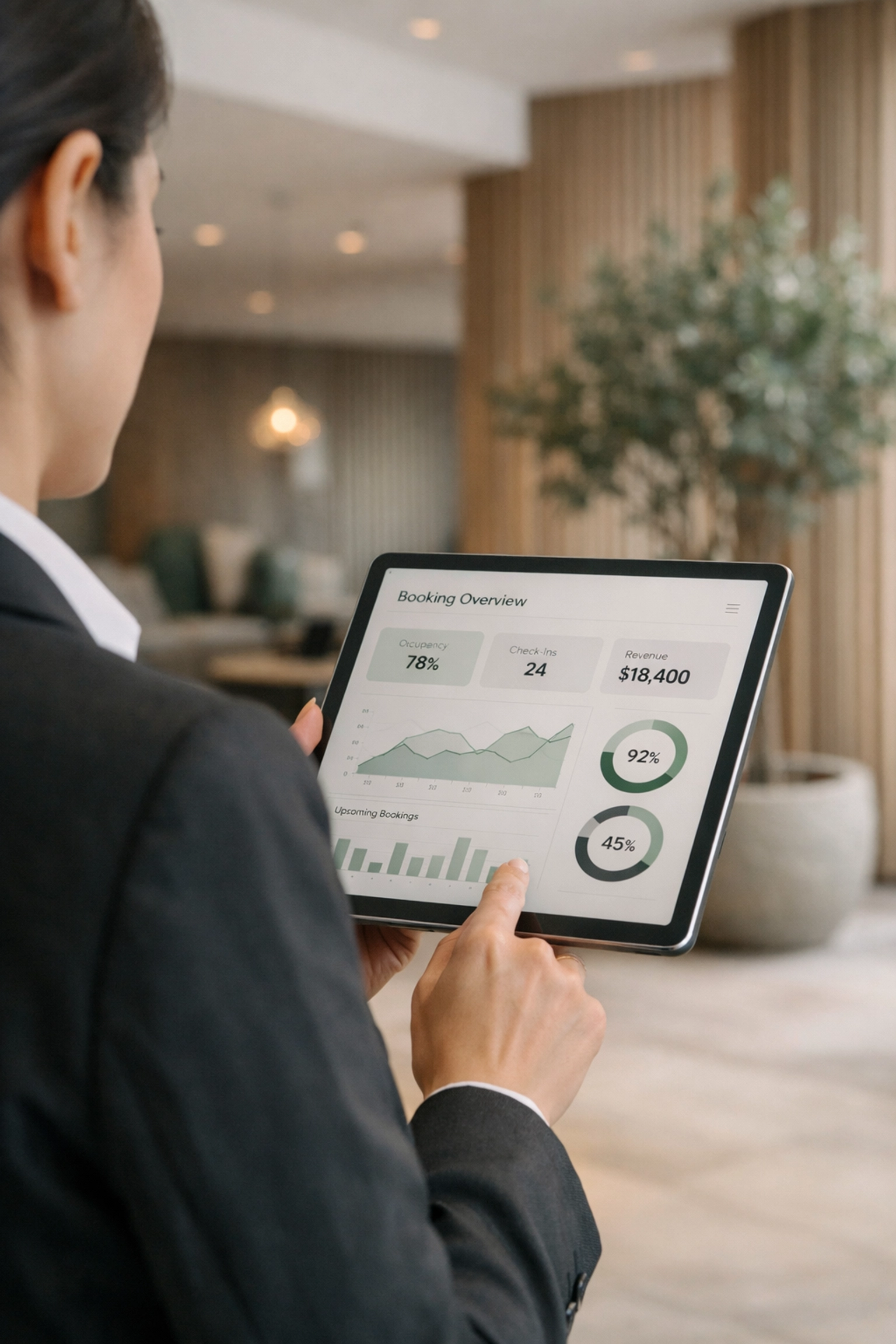 Hotel staff monitoring occupancy analytics and energy usage on a tablet in a sustainable modern lobby.