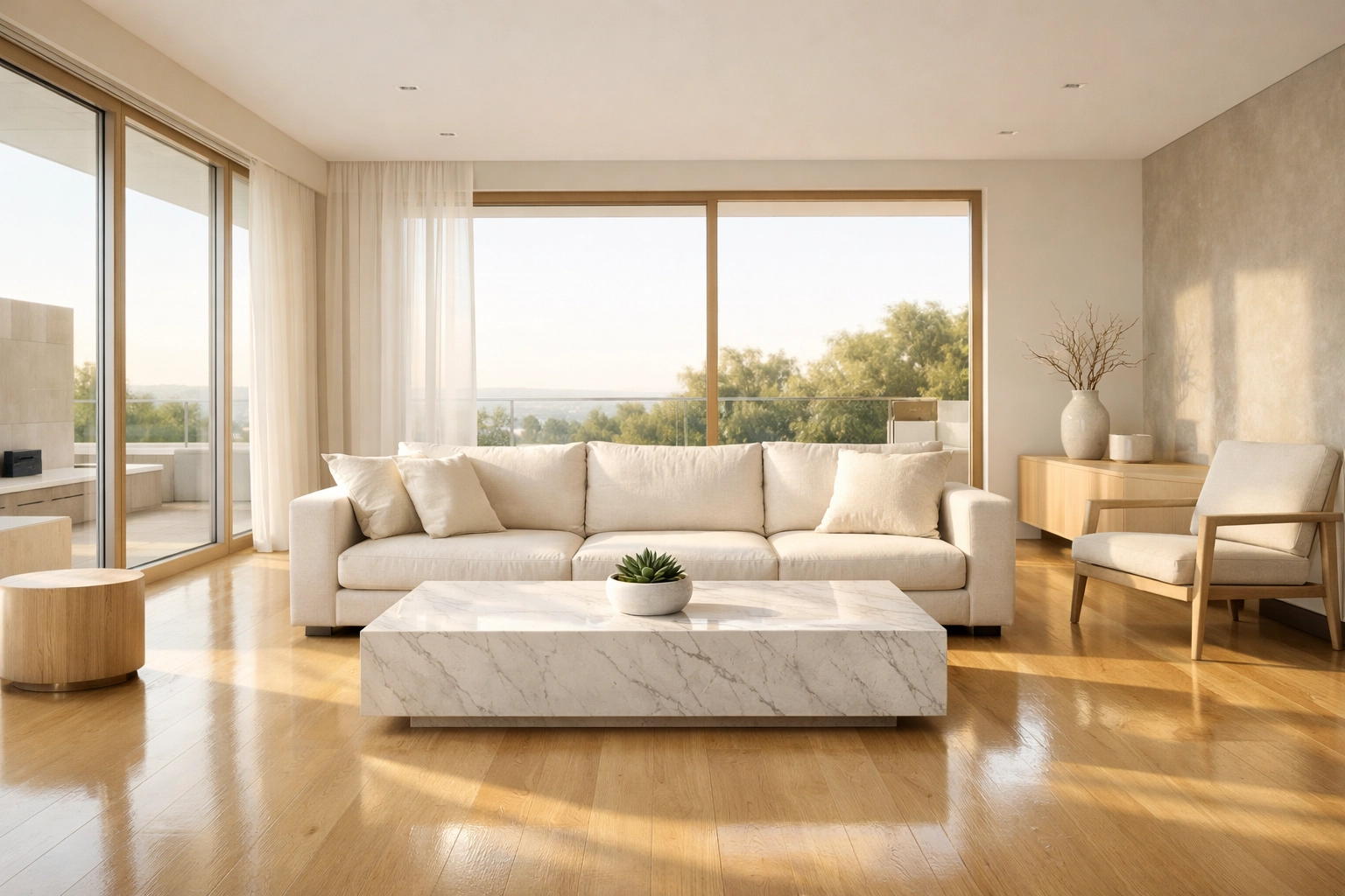 Immaculate modern living room representing the results of a weekly house cleaning schedule.