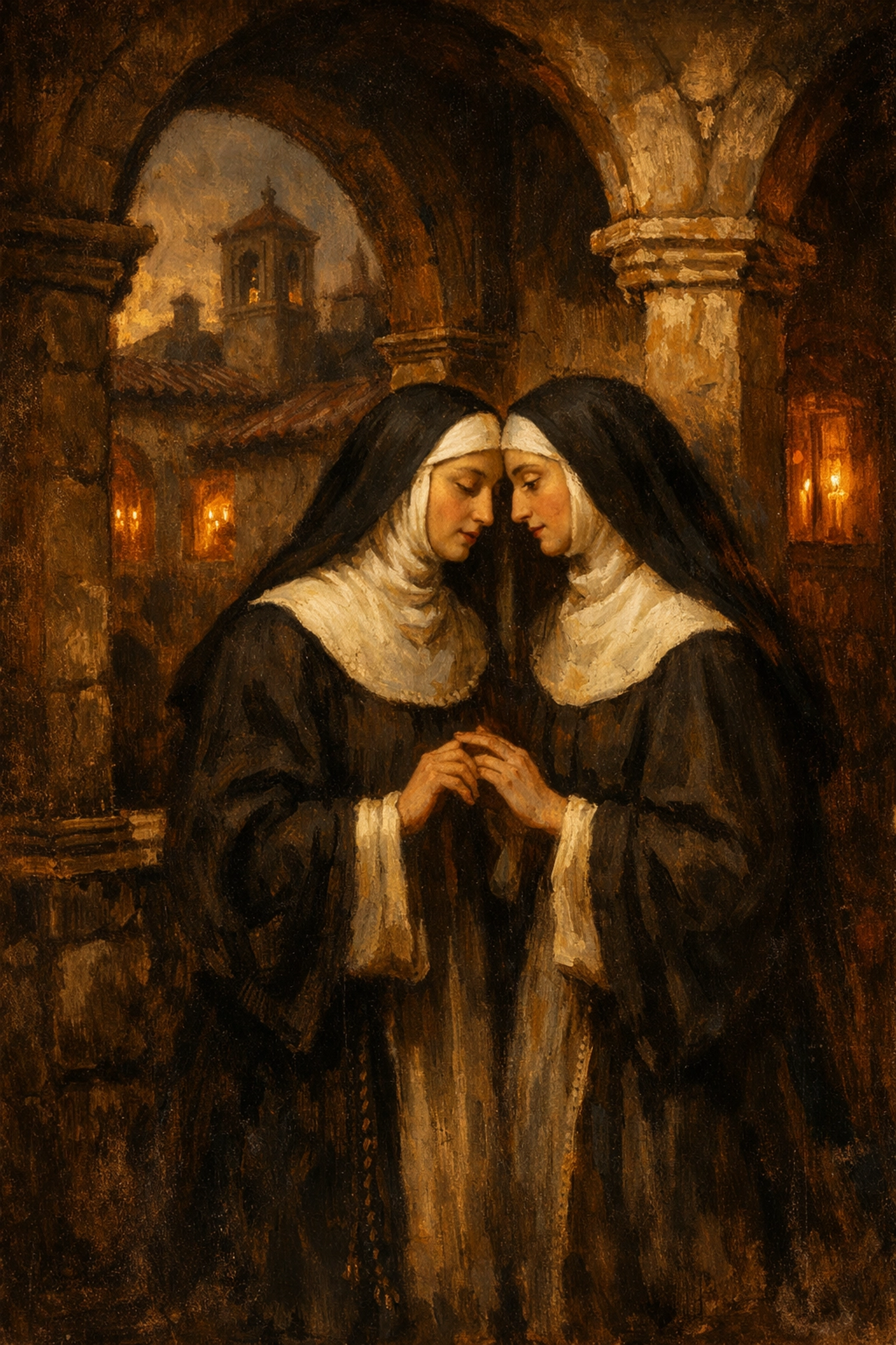 Two nuns in intimate moment at 17th-century Spanish convent showing particular friendships