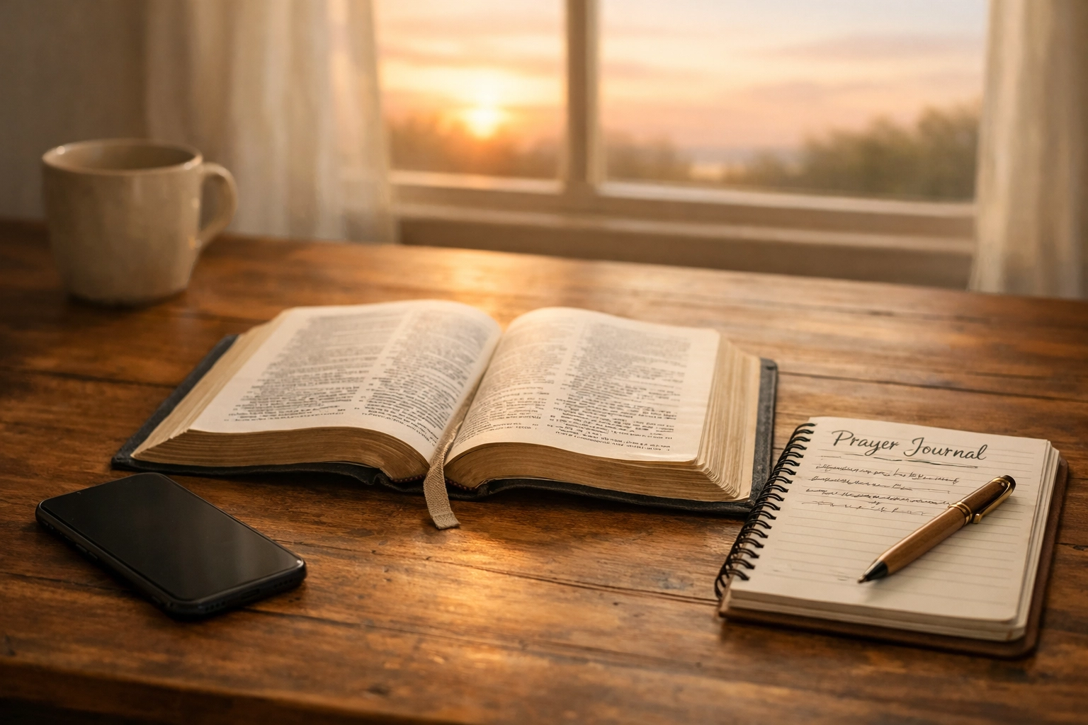 Open Bible with phone face-down and prayer journal showing faith-first approach to staying informed