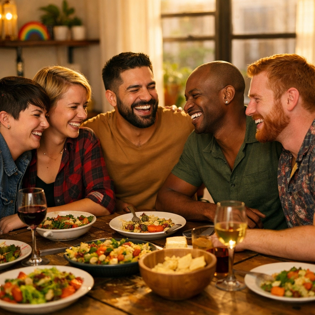 A diverse group of LGBTQ+ friends sharing a dinner, celebrating the milestone of building a chosen family.