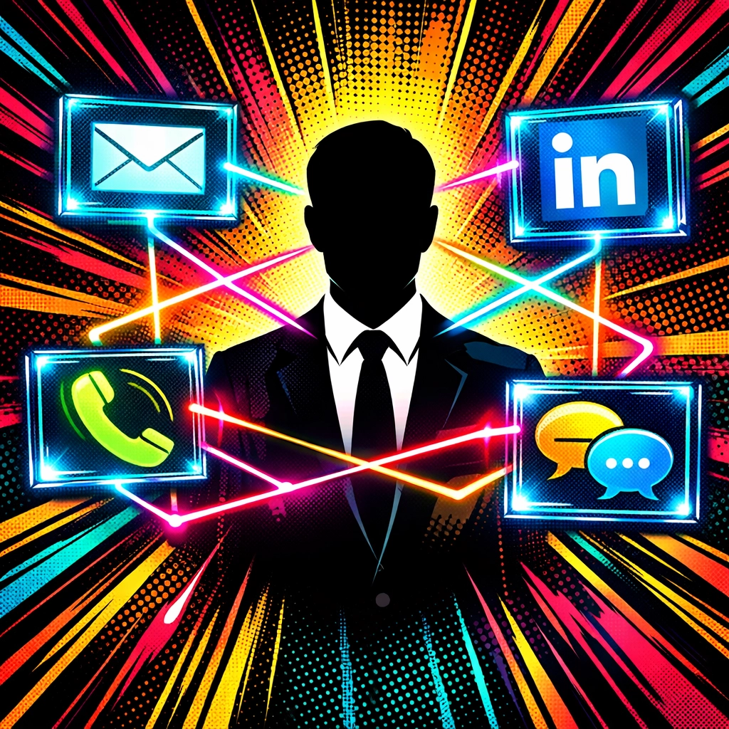 Multi-channel B2B lead generation showing coordinated email, LinkedIn, and phone outreach