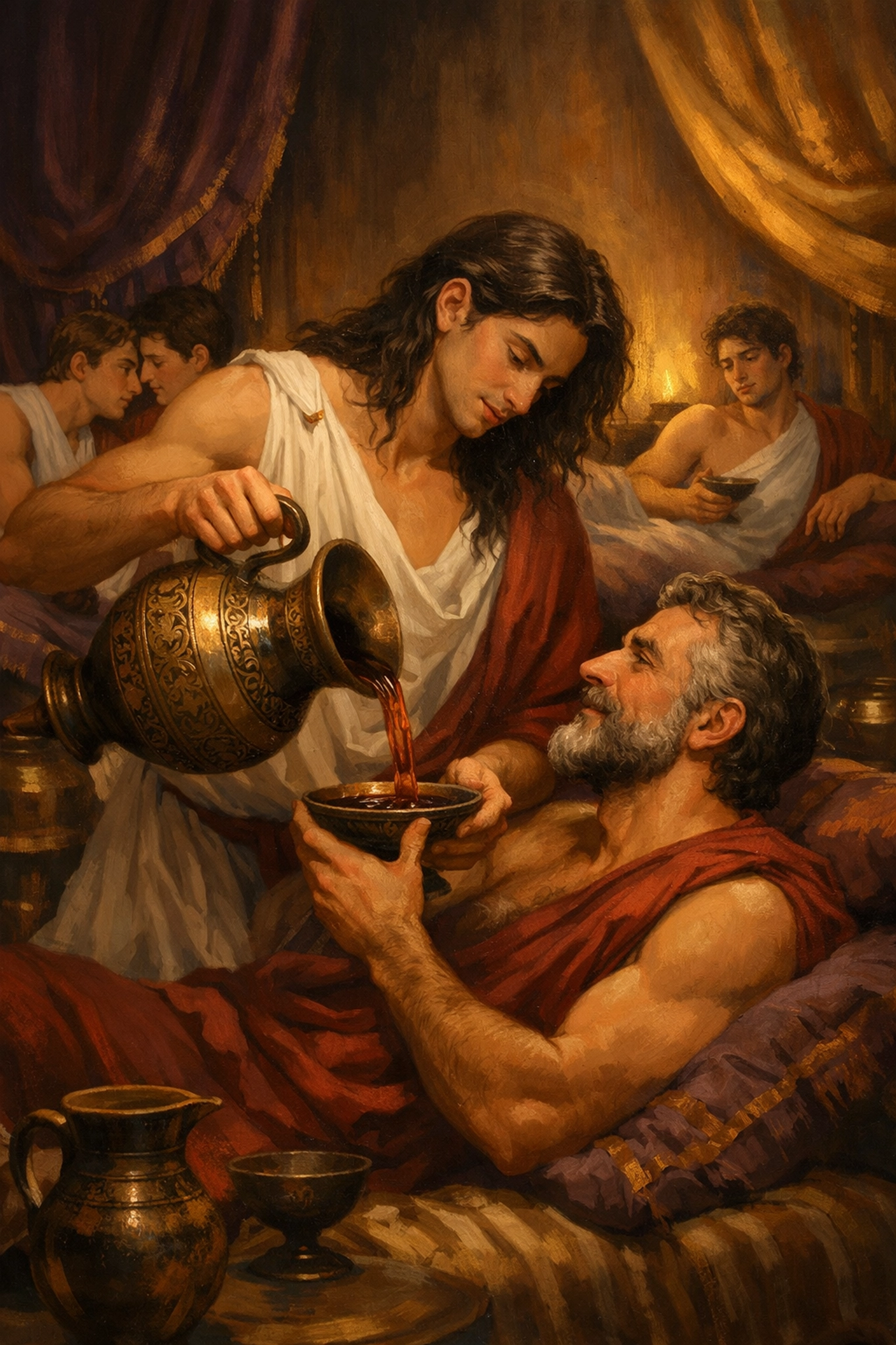 Ancient Greek symposium with men sharing wine in intimate gathering