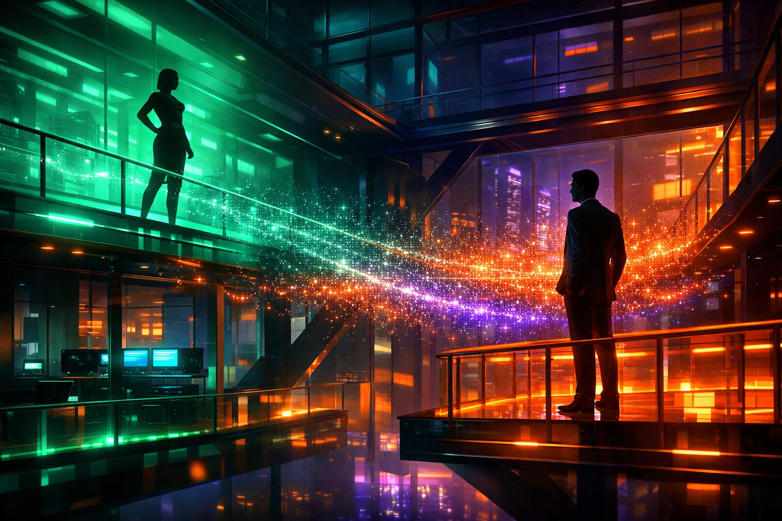 Two silhouettes in a neon office representing power dynamics and boundaries in an office romance.