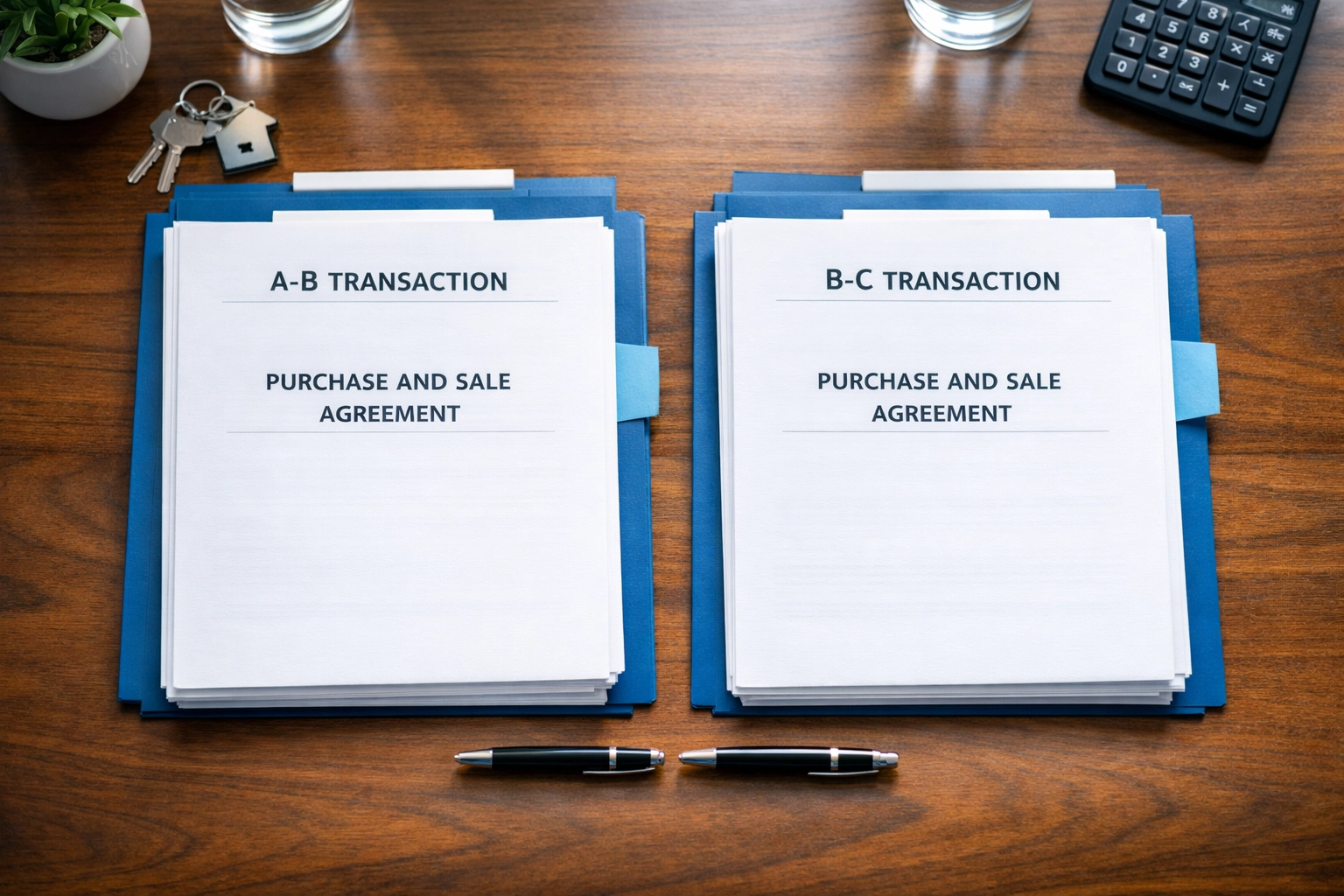 Double closing documents on table showing back-to-back real estate transactions