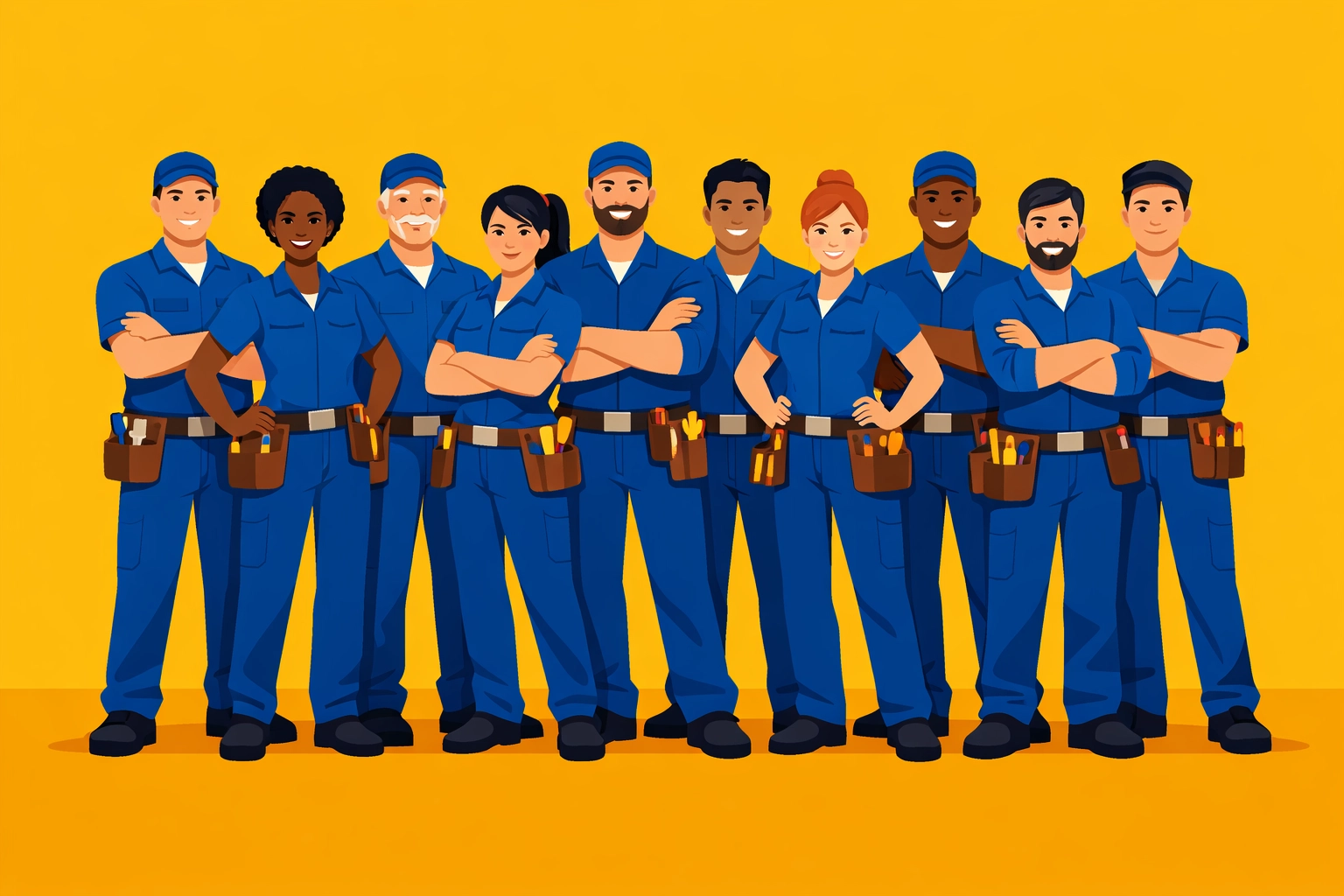 A professional team of 10 service technicians illustrating business growth with flat-rate operations software.