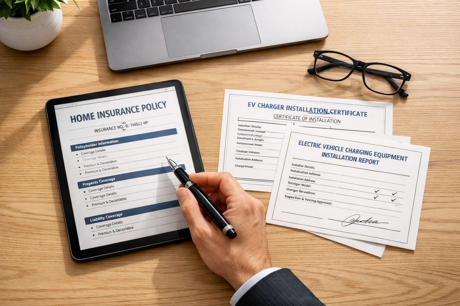 Insurance policy documents and EV charging installation certificates reviewed on office desk