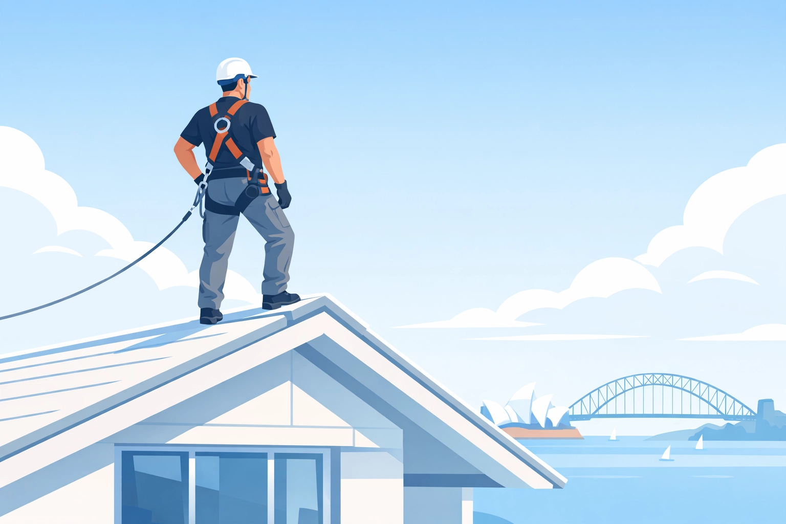 Licensed professional roofing specialist with safety harness performing a roof restoration in Sydney