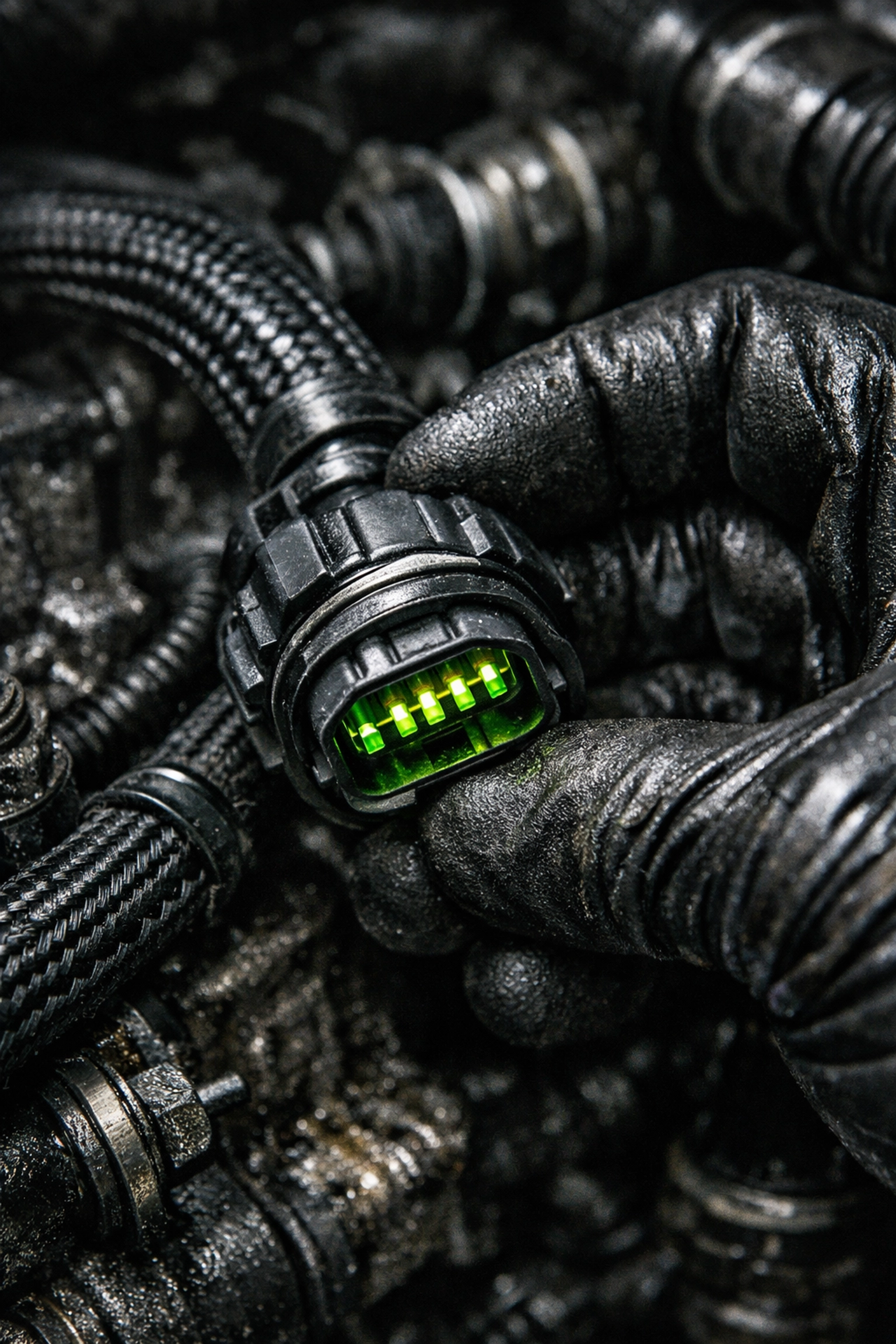 Technician inspecting the electrical wiring harness and connectors in a Cummins diesel engine bay.
