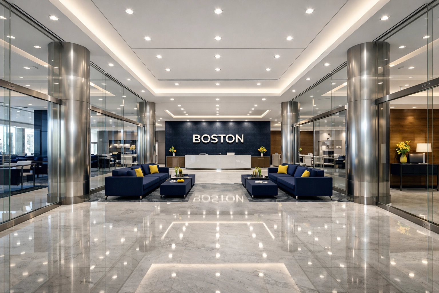 Spotless Boston high-rise lobby with polished floors following commercial post-construction cleaning MA.