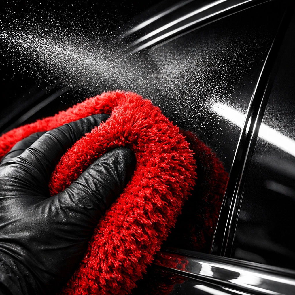 Professional cleaning of dark automotive window tint using a soft red microfiber cloth.