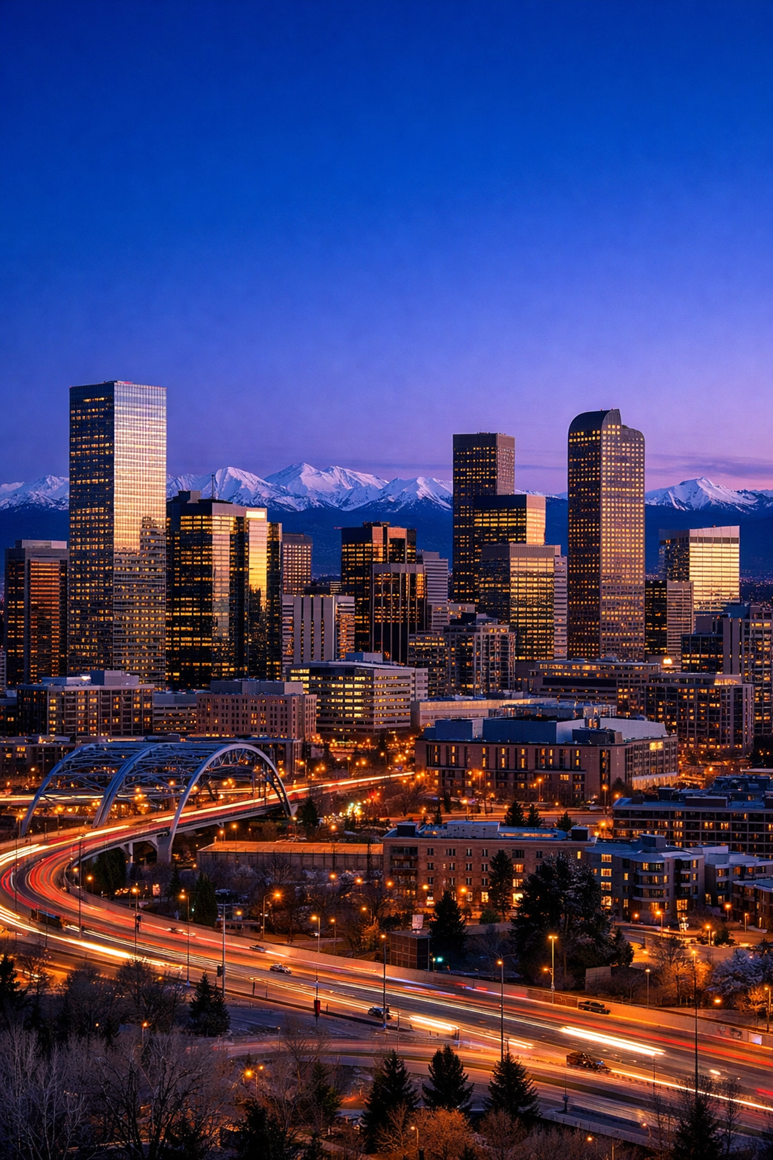 The Denver skyline at dusk, home of Tunes On Top music and entertainment marketing agency.
