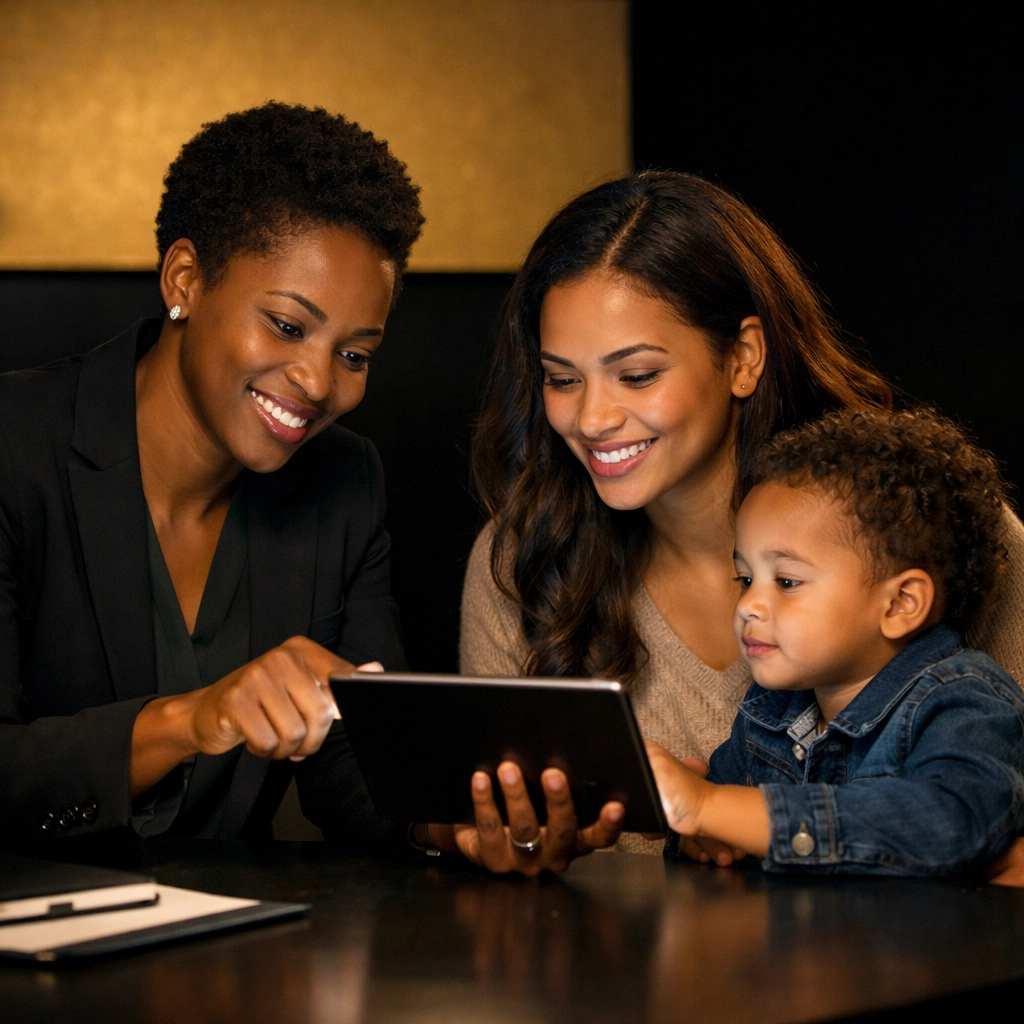 Professional discussing community wealth building strategies with a young family in a Bay Area office.
