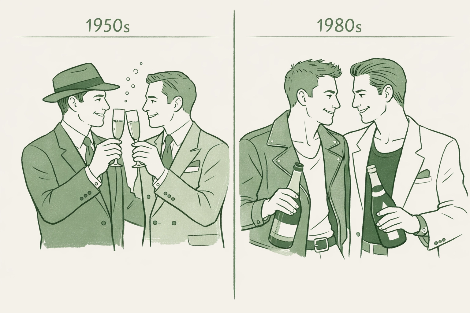 Evolution of gay nightlife: couples celebrating with champagne from 1950s to 1980s