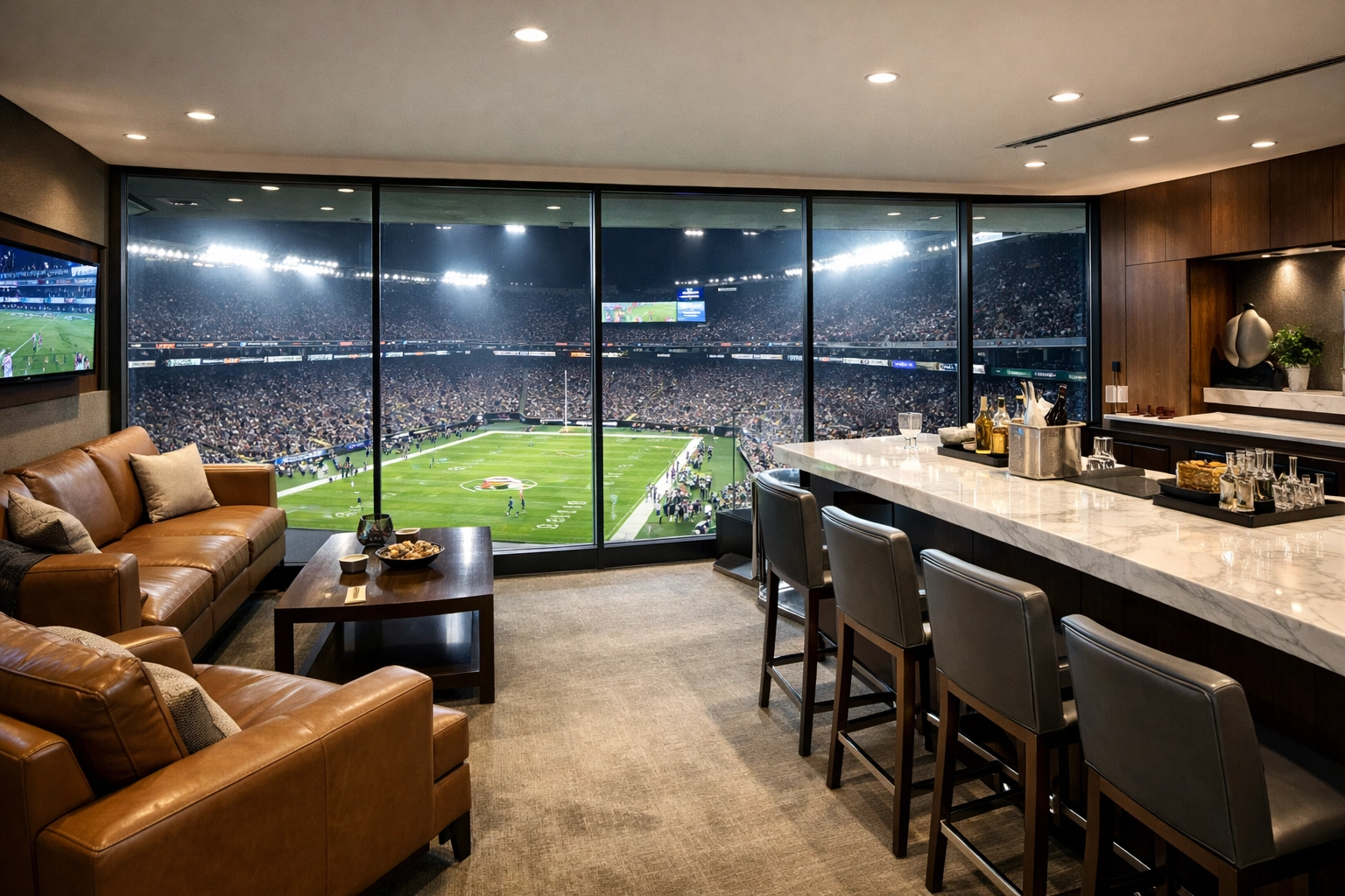 Luxury stadium suite with field view illustrating premium corporate hospitality and brand stature.