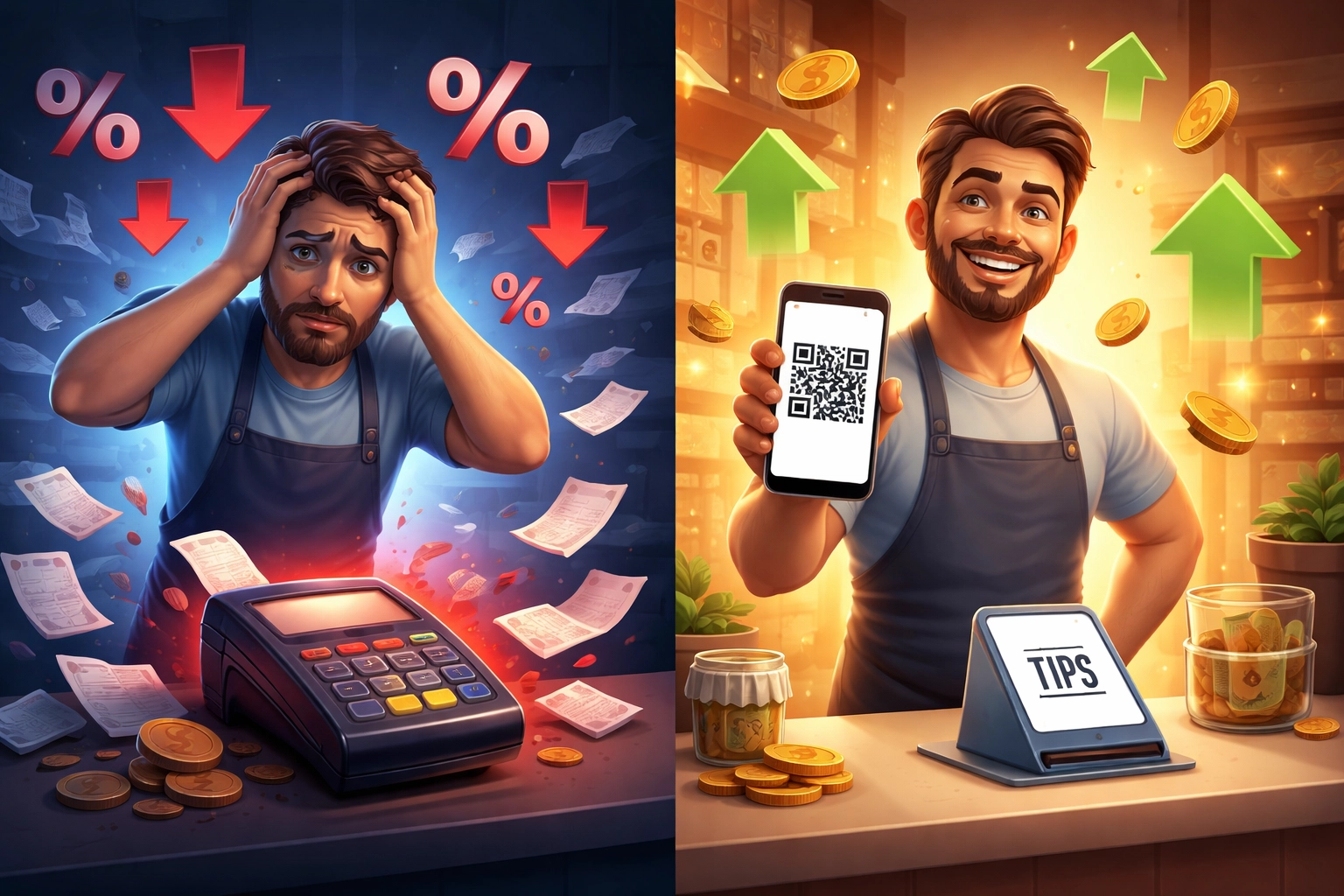 Split image comparing traditional payment terminal with high fees to a smiling merchant using a crypto POS QR code for small businesses