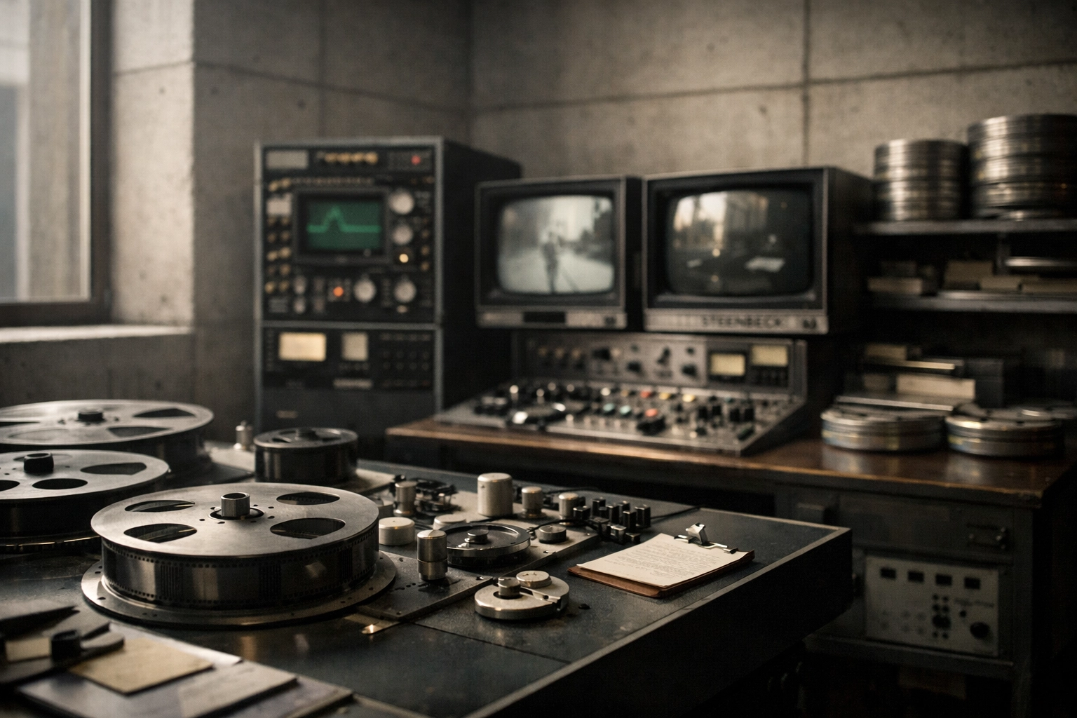Professional film editing suite with analog reels, blending creative artistry with disciplined media production.