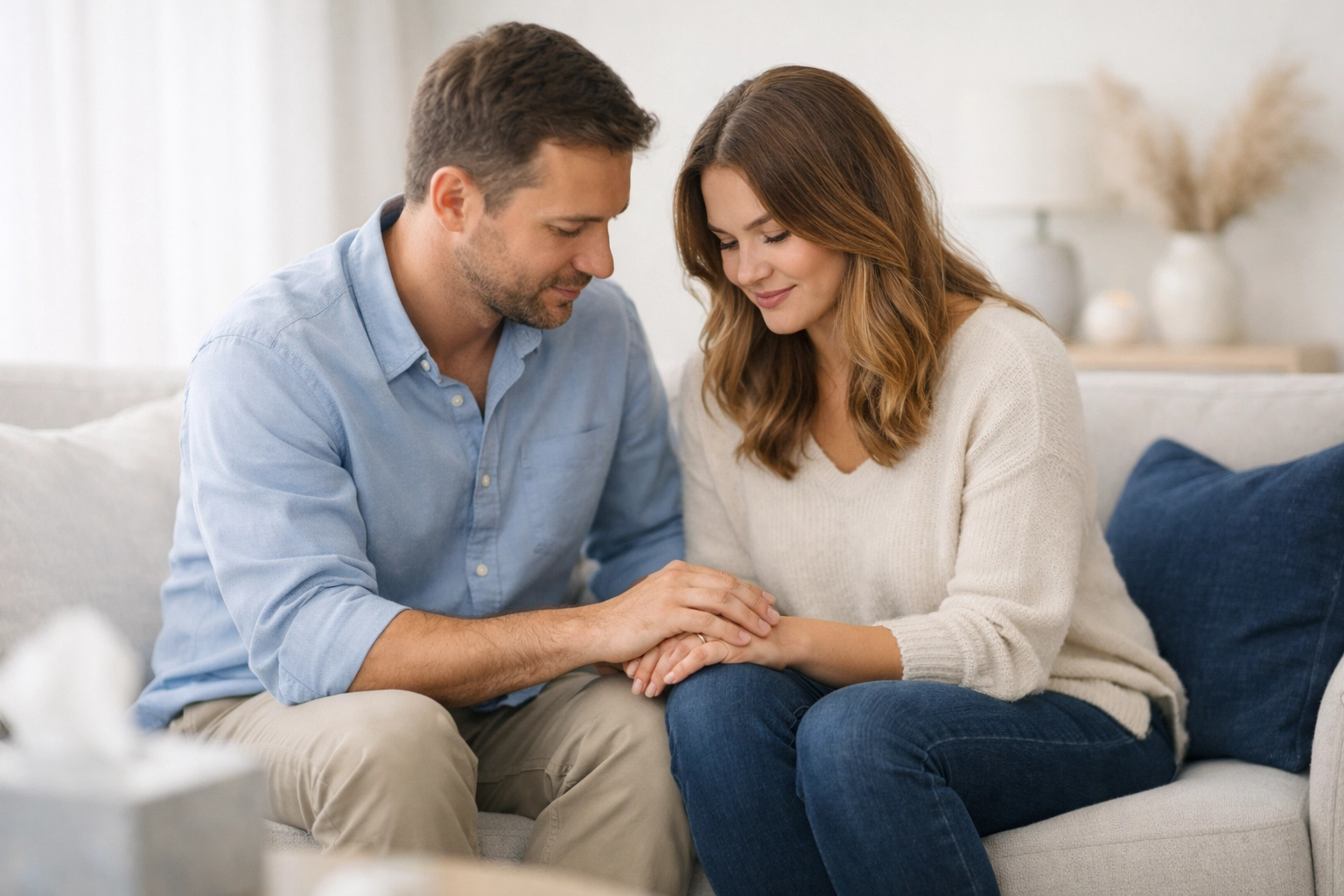 Couple addressing relationship stressors and practicing emotional regulation in a therapy setting.