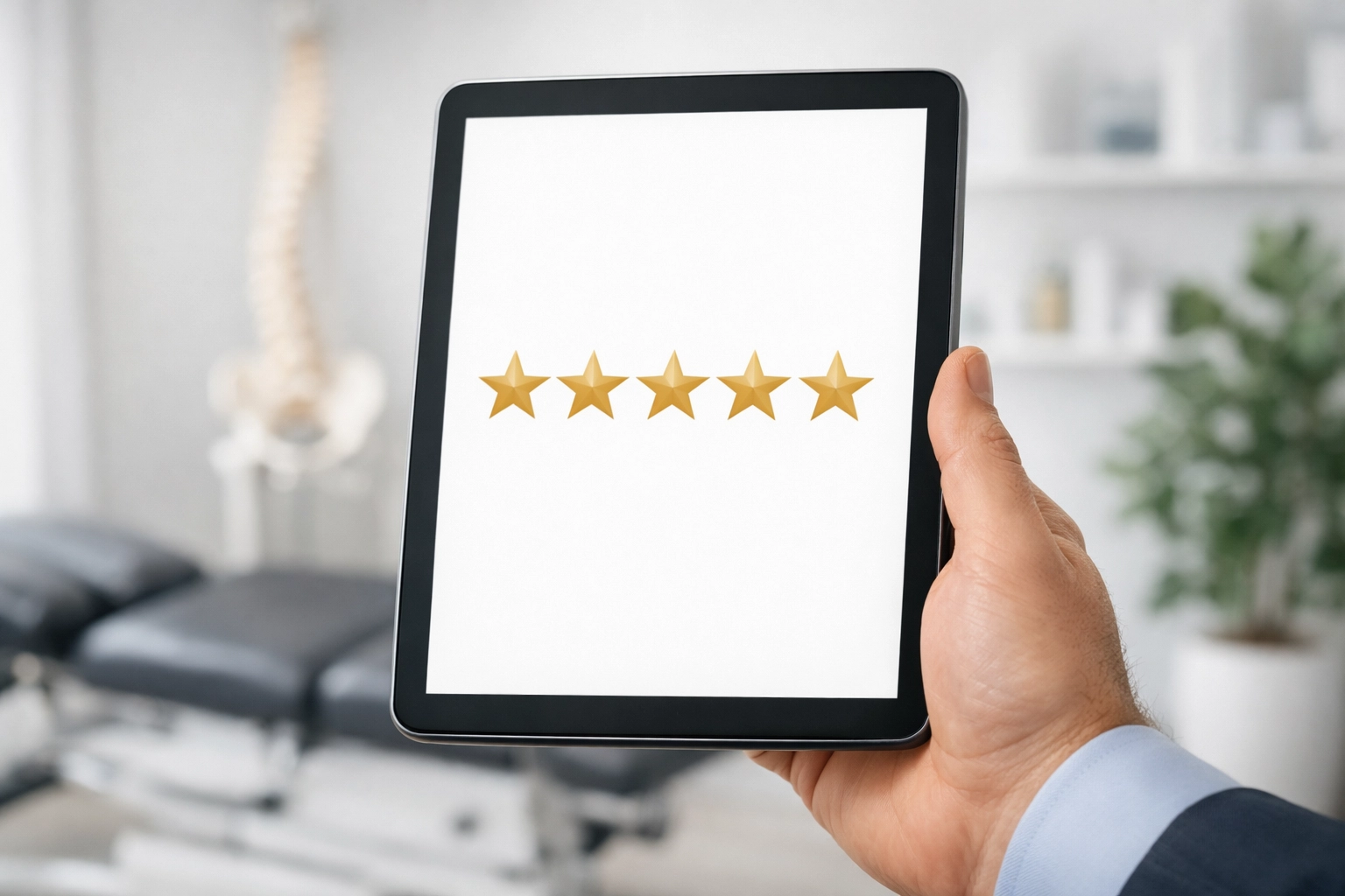Tablet showing a five-star rating for a chiropractic practice to improve online reputation.