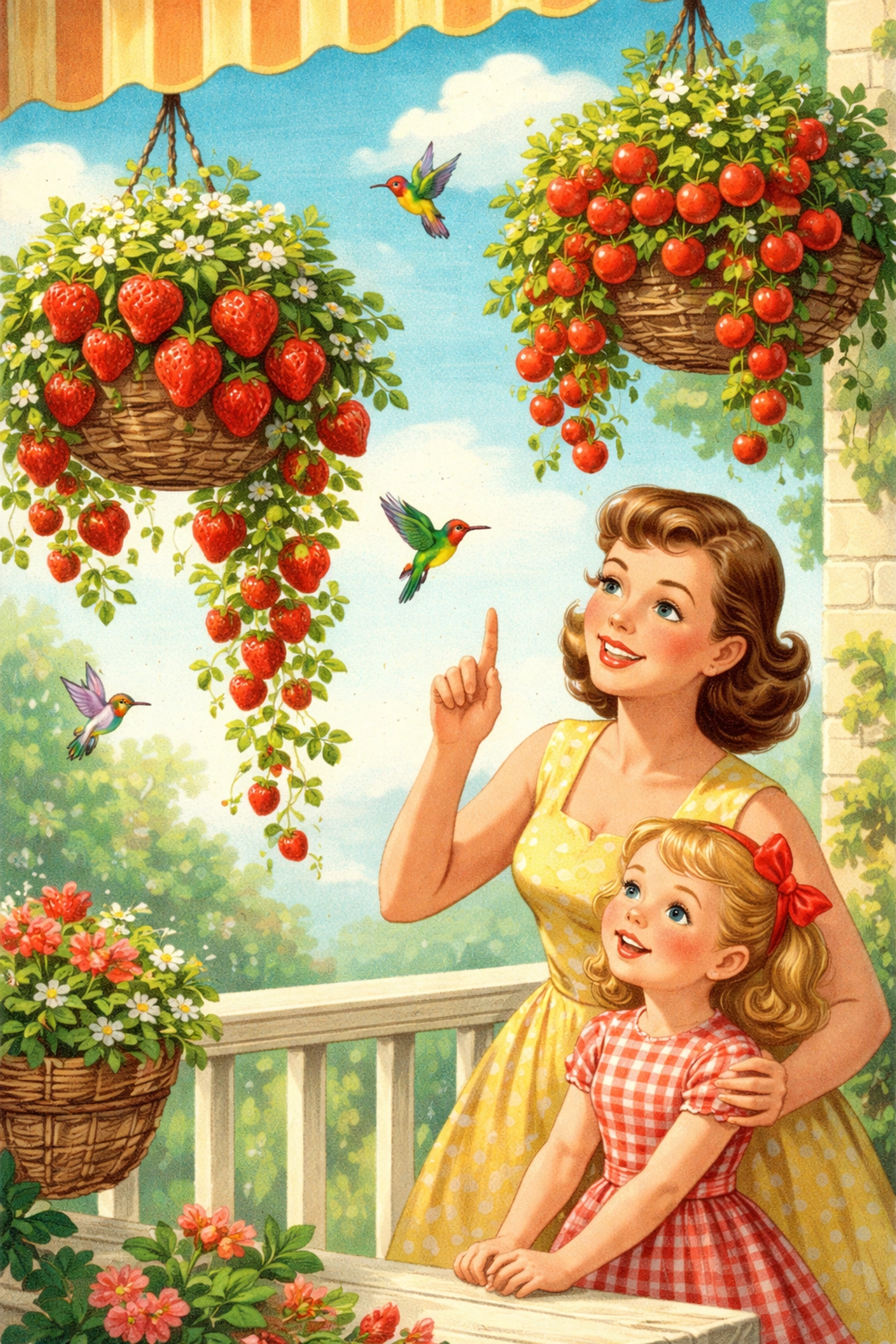 Mother and daughter on a sunny balcony tending hanging planters filled with strawberries and tomatoes
