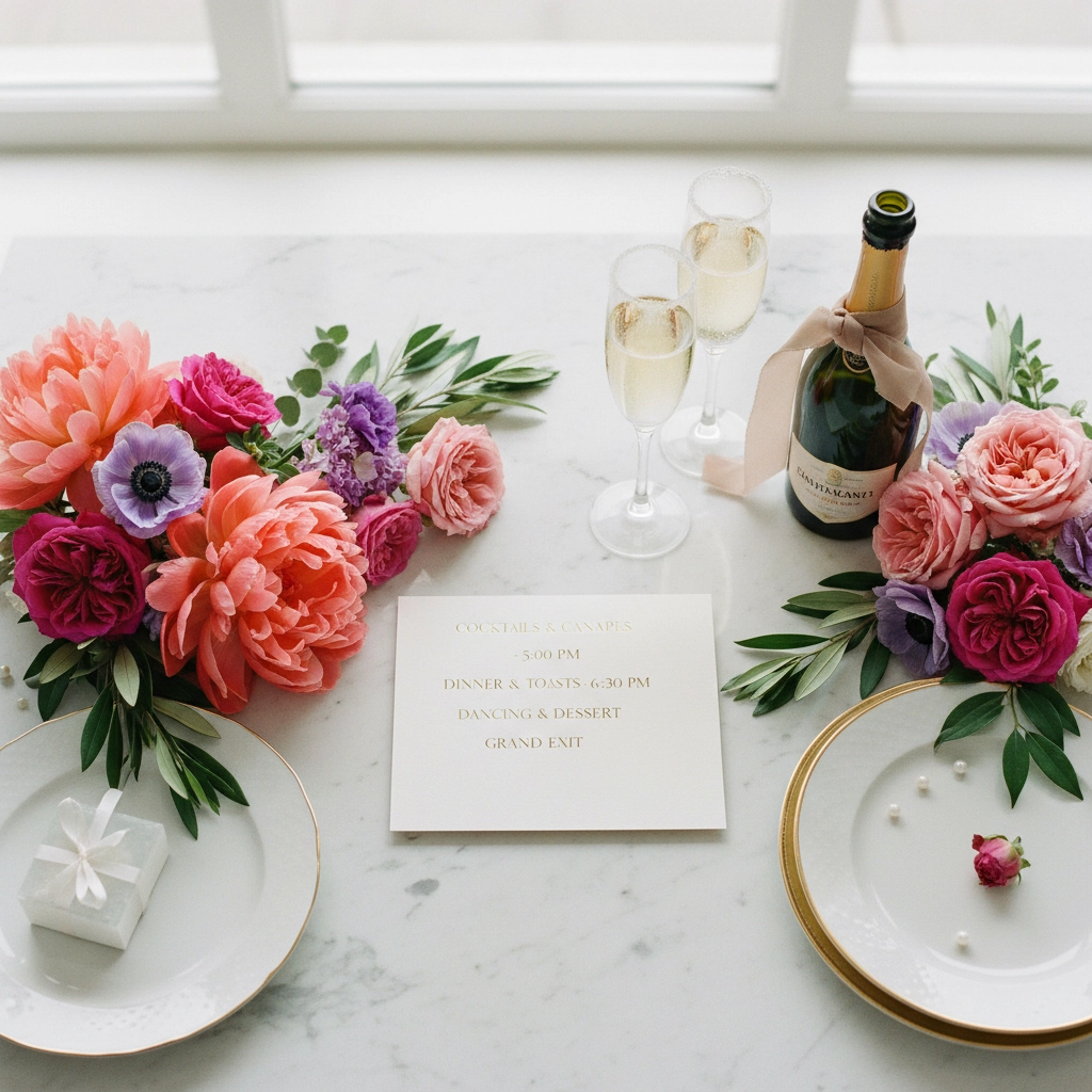 Elegant table setting with pink, purple flowers, champagne, two glasses. White card lists event times. Bright, floral, celebratory mood.