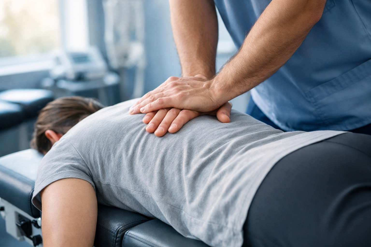 Chiropractor performing spinal adjustment on patient in modern clinical setting
